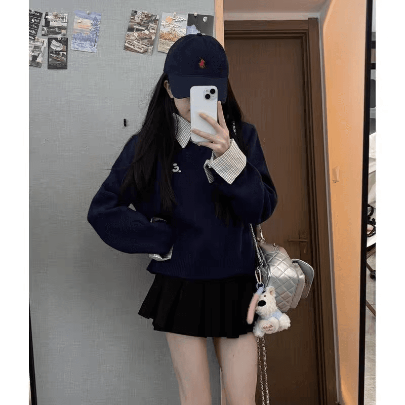 학원 스타일 화이트 체크무늬 페이크 레이어드 털 위버 라운드 넥 자수 니트 캐주얼 느긋한 센스 다용도 재킷 맨위 상세 이미지 2