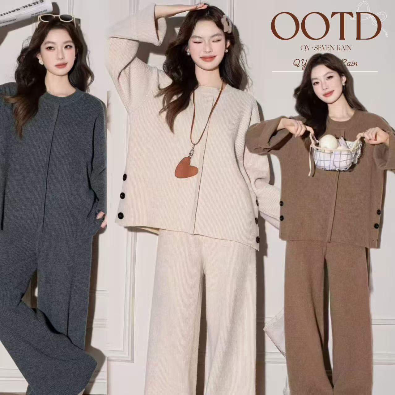 한 부서 느긋한 바람 측면 단추 니트 세트 여성 가을 루즈핏 맨위 넓은 다리 길이 바지 캐주얼 투피스 세트 트렌디