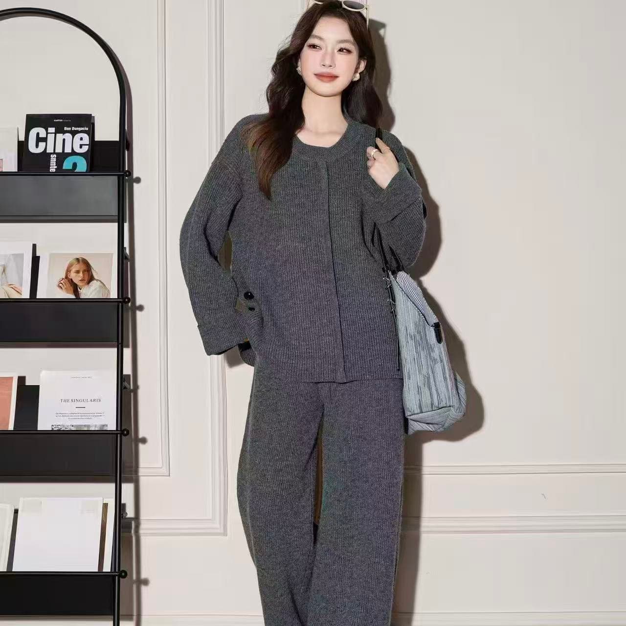 한 부서 느긋한 바람 측면 단추 니트 세트 여성 가을 루즈핏 맨위 넓은 다리 길이 바지 캐주얼 투피스 세트 트렌디 상세 이미지 4
