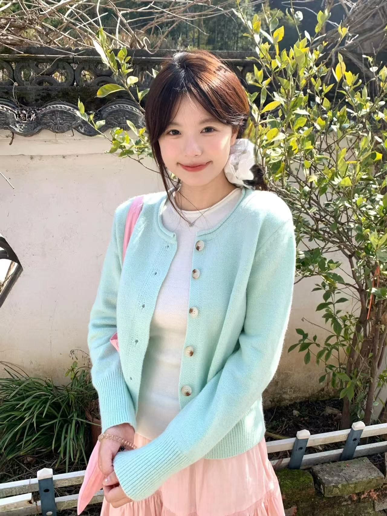 프랑스식 부드러운 바람 봄 녹색 여성 2026 새로운 도파민 착용 가져 가라. 스웨터 오픈 가디건 자이언트 잘 생긴 아름다운 상세 이미지 1