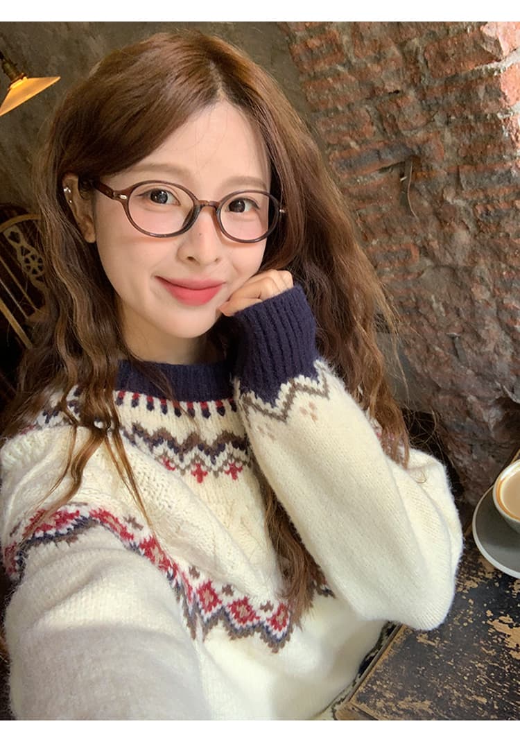 토지 작은 그룹 공정한 섬 배색 스웨터 여자 2026 겨울 새로운 한 부서 다용도 레트로 느긋한 보온 맨위 상세 이미지 2