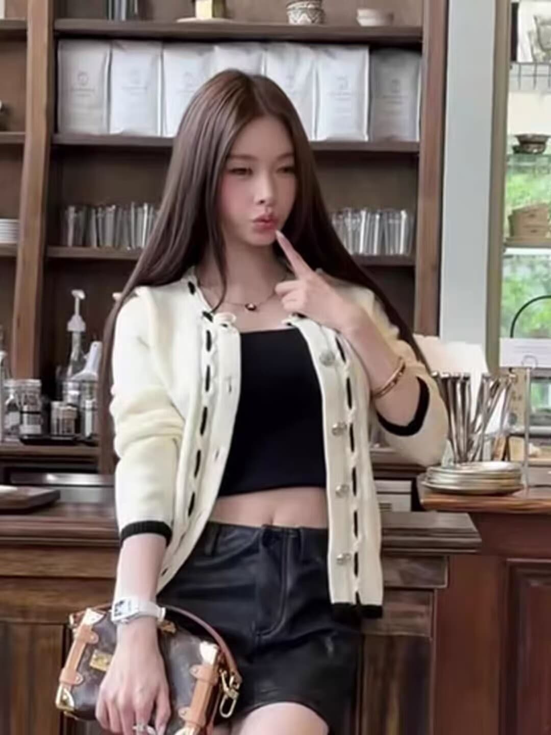 작은 샤넬 스타일 배색 화이트 니트 오픈 가디건 여성 가을 겨울 2026 새로운 한 부서 착용 가져 가라. 부드러운 찹쌀 슬림해 보이는 스웨터 맨위 상세 이미지 4