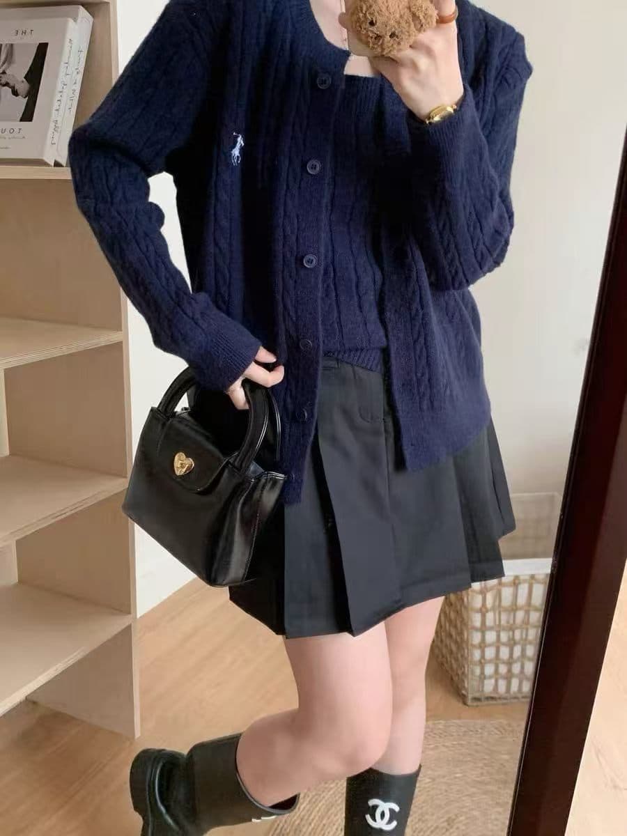 가을 새로운 디자인 센스 달콤함 자수 꽈배기 싱글 줄 버튼 니트 오픈 가디건 캐미솔 투피스 세트 상세 이미지 2