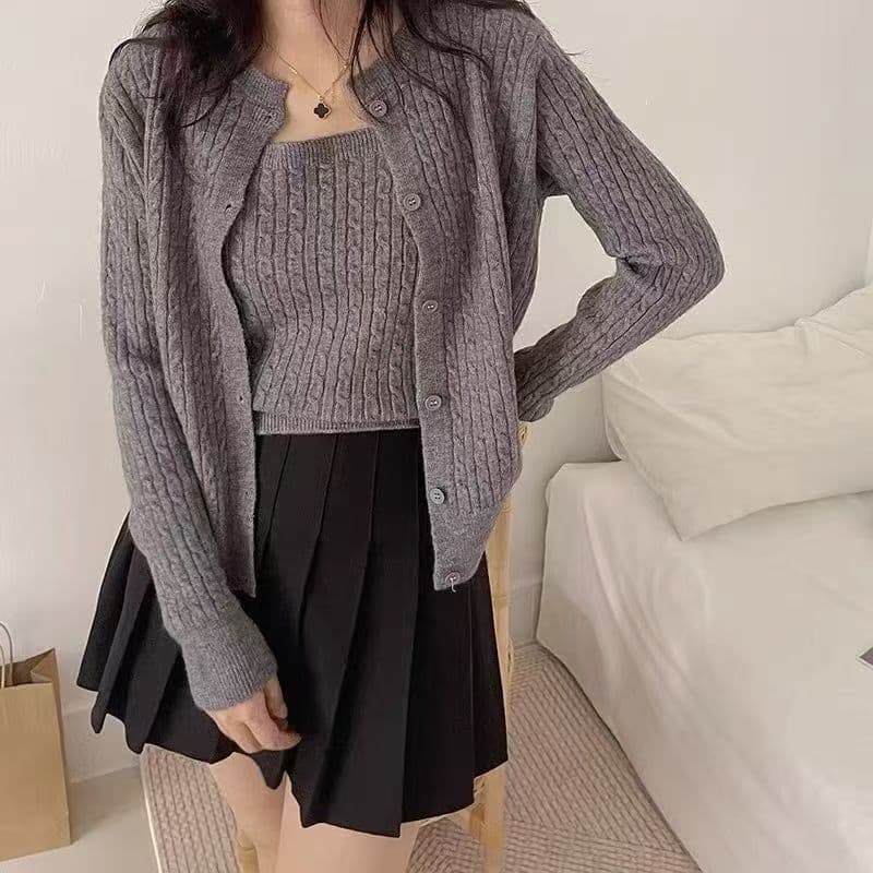 가을 새로운 디자인 센스 달콤함 자수 꽈배기 싱글 줄 버튼 니트 오픈 가디건 캐미솔 투피스 세트 상세 이미지 6