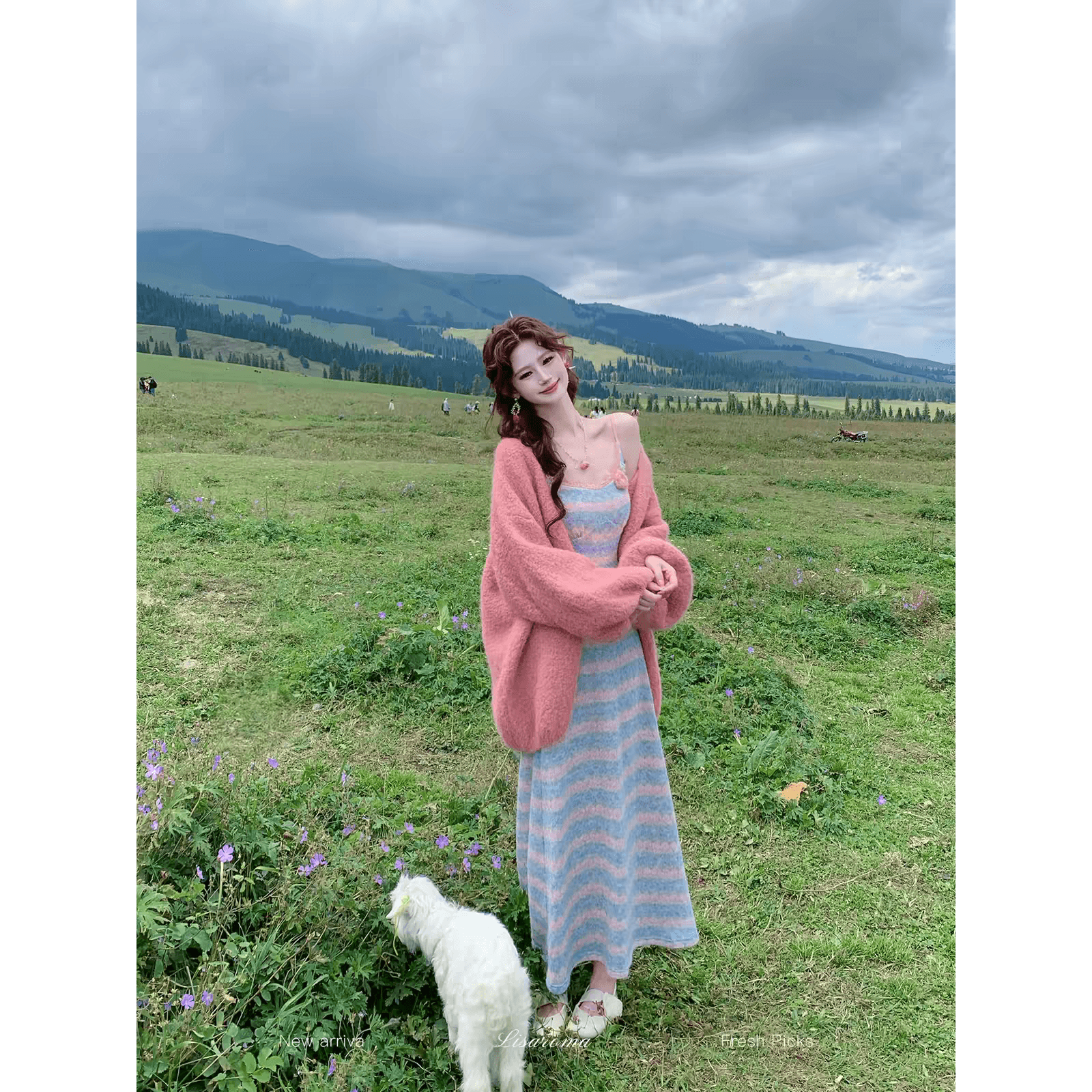 평생 로마의 코튼 20 프랑스식 레트로 파우더 블루 스트라이프 모직물 슬립 드레스 여성 이른 가을 몸매 가꾸기 롱 스커트 이미지 5