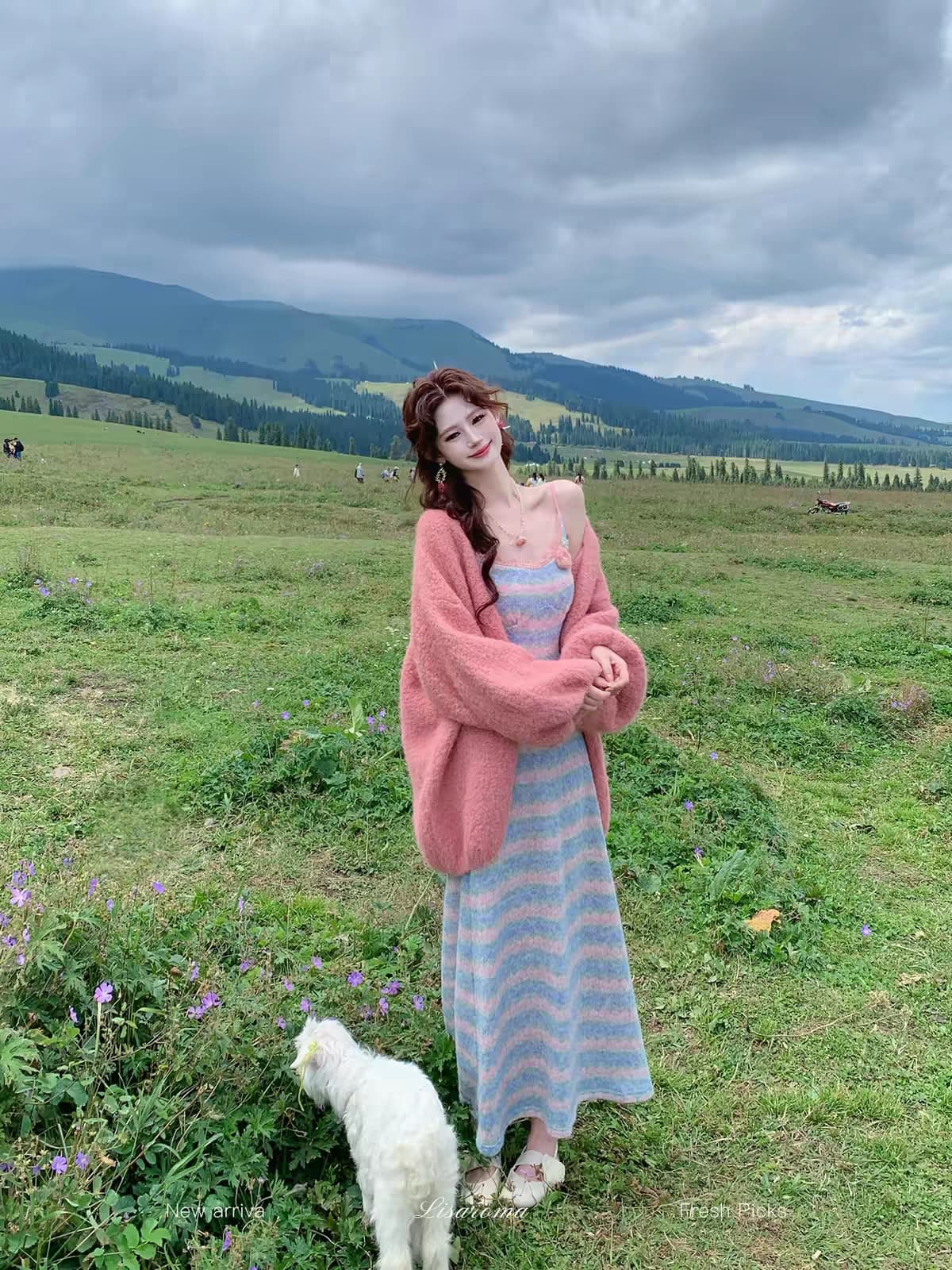 평생 로마의 코튼 20 프랑스식 레트로 파우더 블루 스트라이프 모직물 슬립 드레스 여성 이른 가을 몸매 가꾸기 롱 스커트 상세 이미지 4