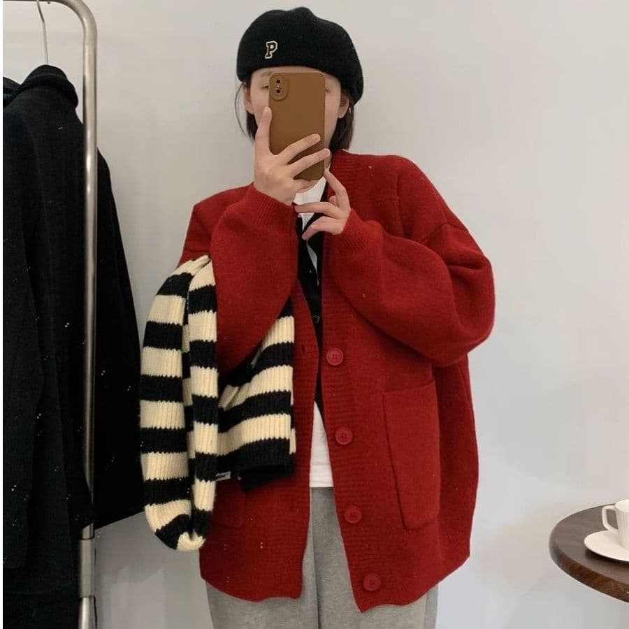한 부서 단색 더블 주머니 스웨터 오픈 가디건 여성 가을 겨울 새로운 와이드 부드러운 찹쌀 느긋한 캐주얼 다용도 니트 재킷 이미지 2