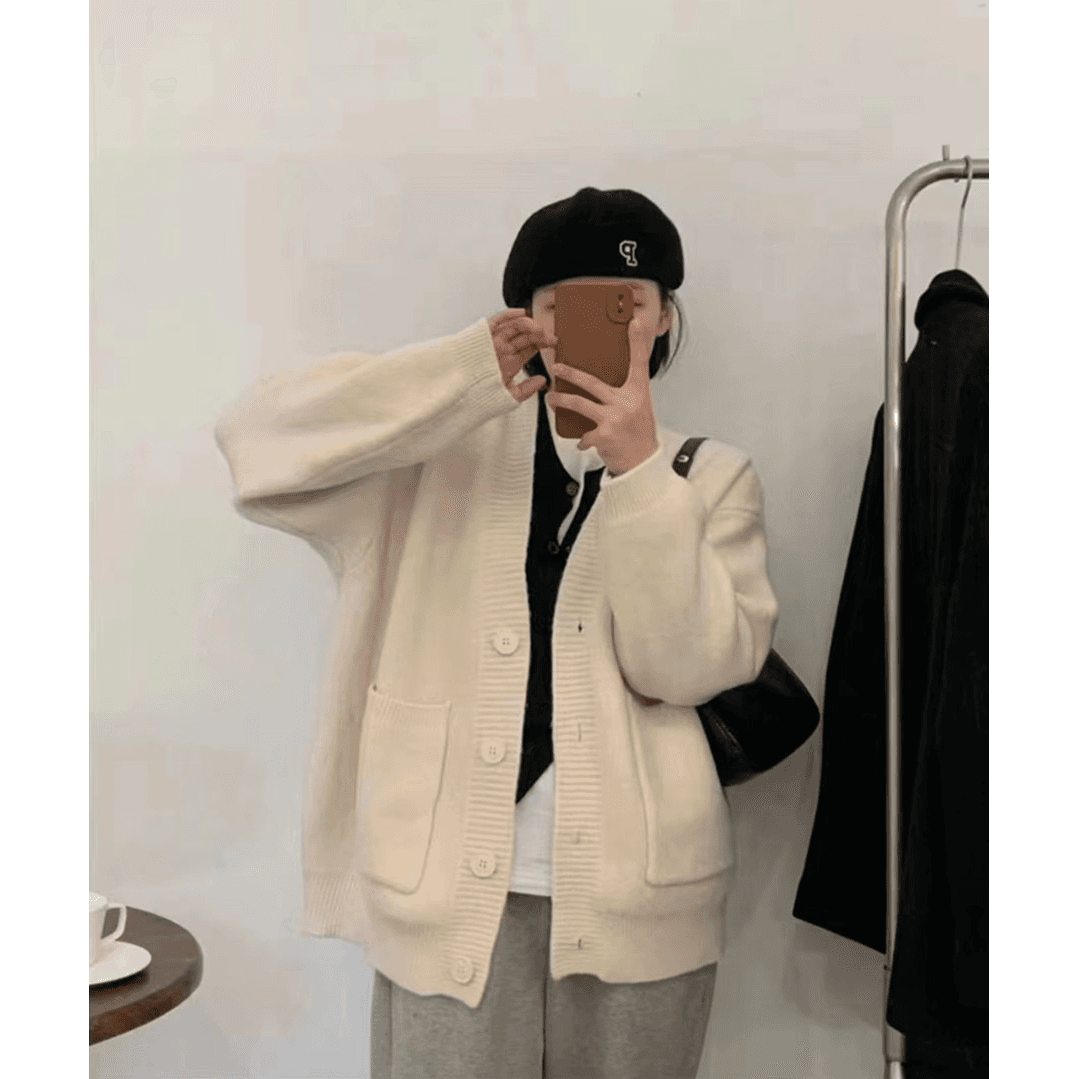 한 부서 단색 더블 주머니 스웨터 오픈 가디건 여성 가을 겨울 새로운 와이드 부드러운 찹쌀 느긋한 캐주얼 다용도 니트 재킷 이미지 5