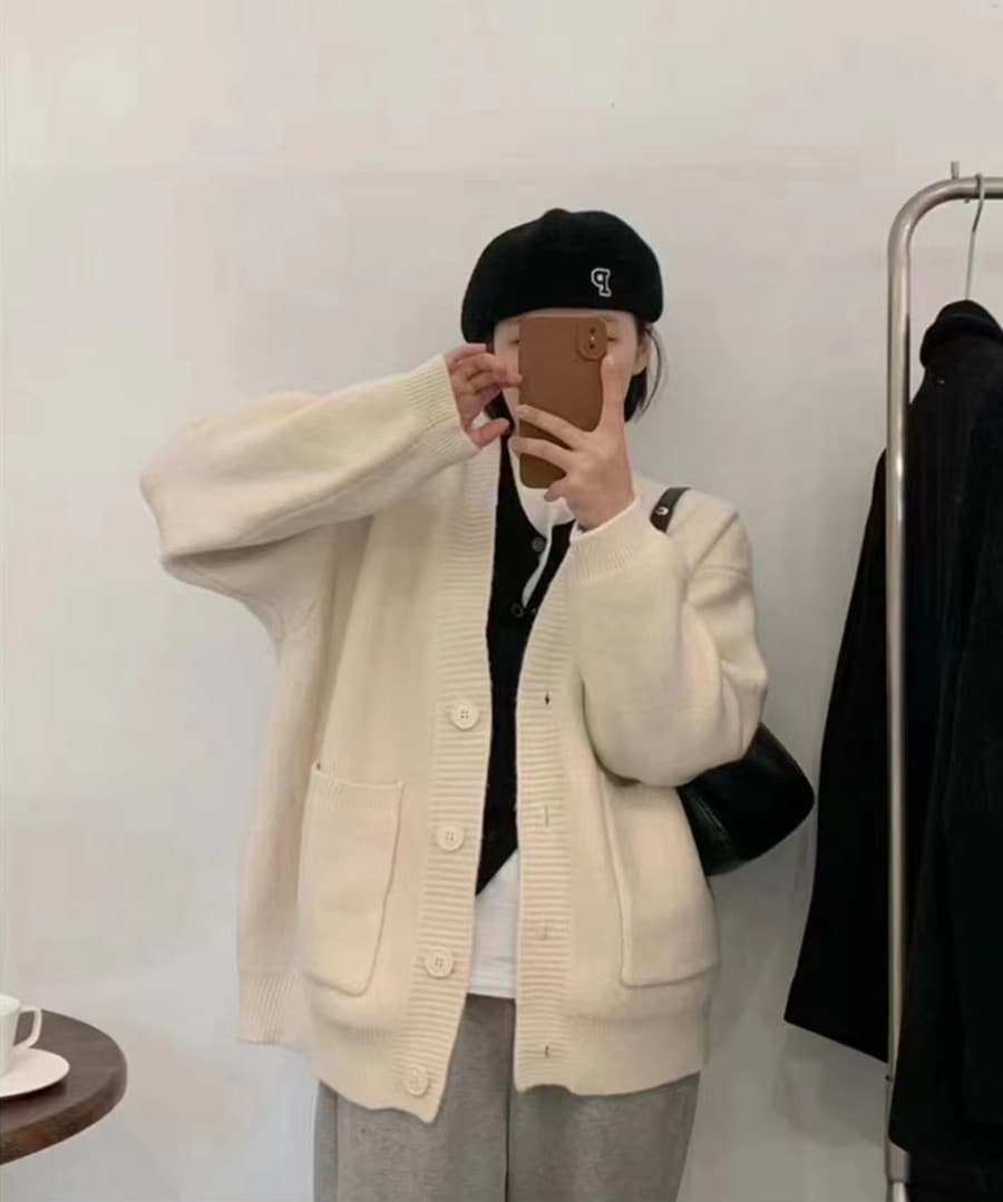 한 부서 단색 더블 주머니 스웨터 오픈 가디건 여성 가을 겨울 새로운 와이드 부드러운 찹쌀 느긋한 캐주얼 다용도 니트 재킷 상세 이미지 2