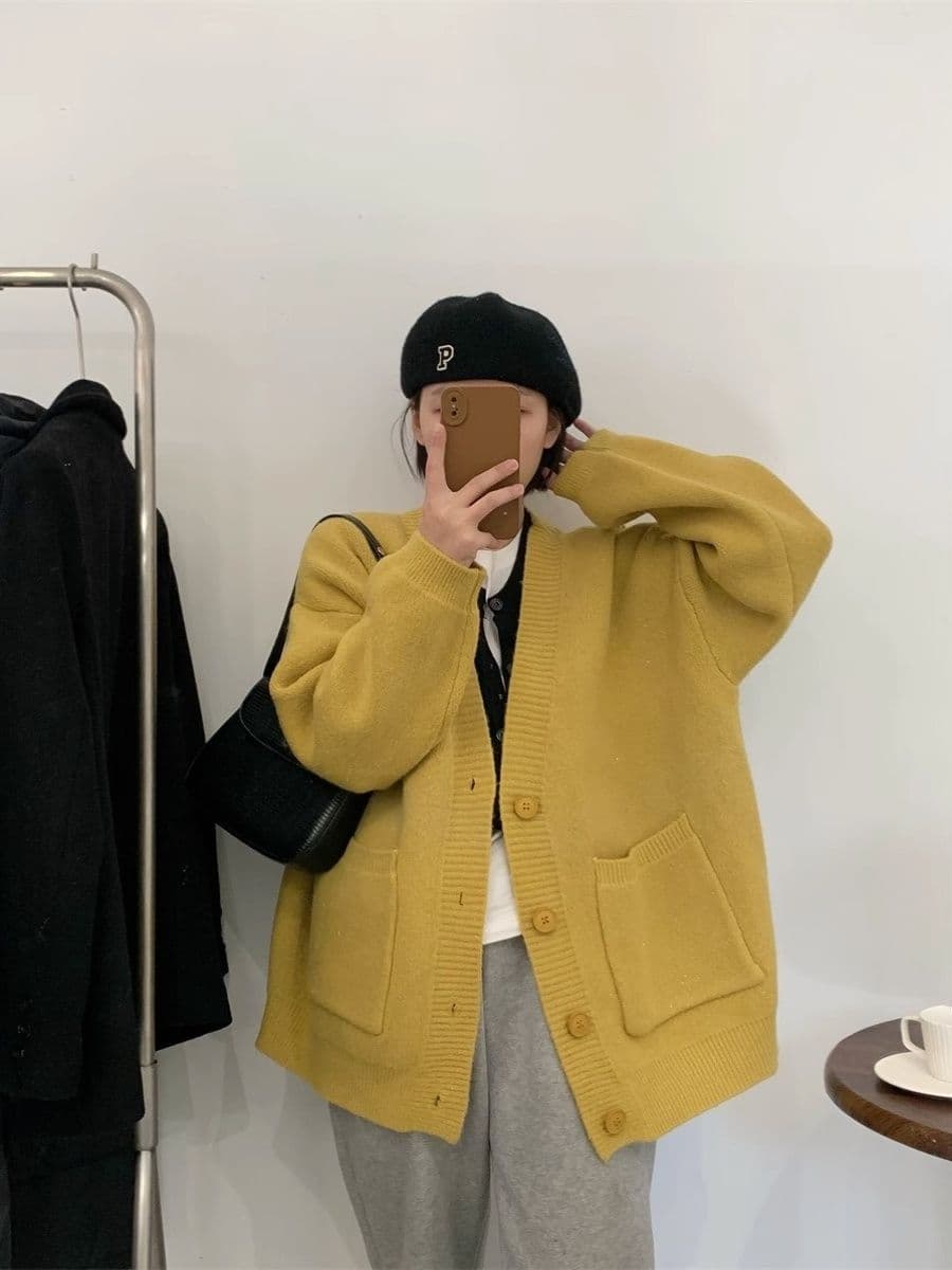 한 부서 단색 더블 주머니 스웨터 오픈 가디건 여성 가을 겨울 새로운 와이드 부드러운 찹쌀 느긋한 캐주얼 다용도 니트 재킷 상세 이미지 4
