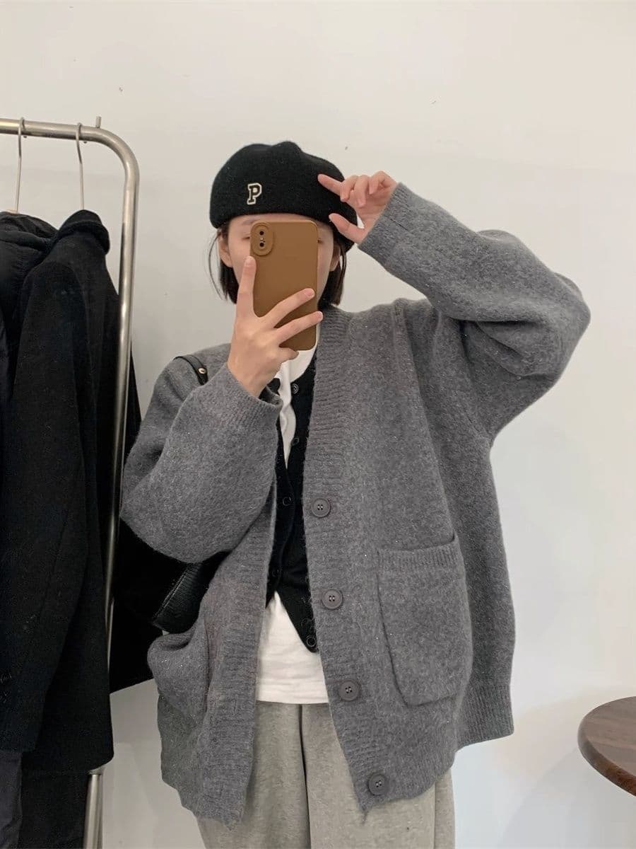 한 부서 단색 더블 주머니 스웨터 오픈 가디건 여성 가을 겨울 새로운 와이드 부드러운 찹쌀 느긋한 캐주얼 다용도 니트 재킷 상세 이미지 6