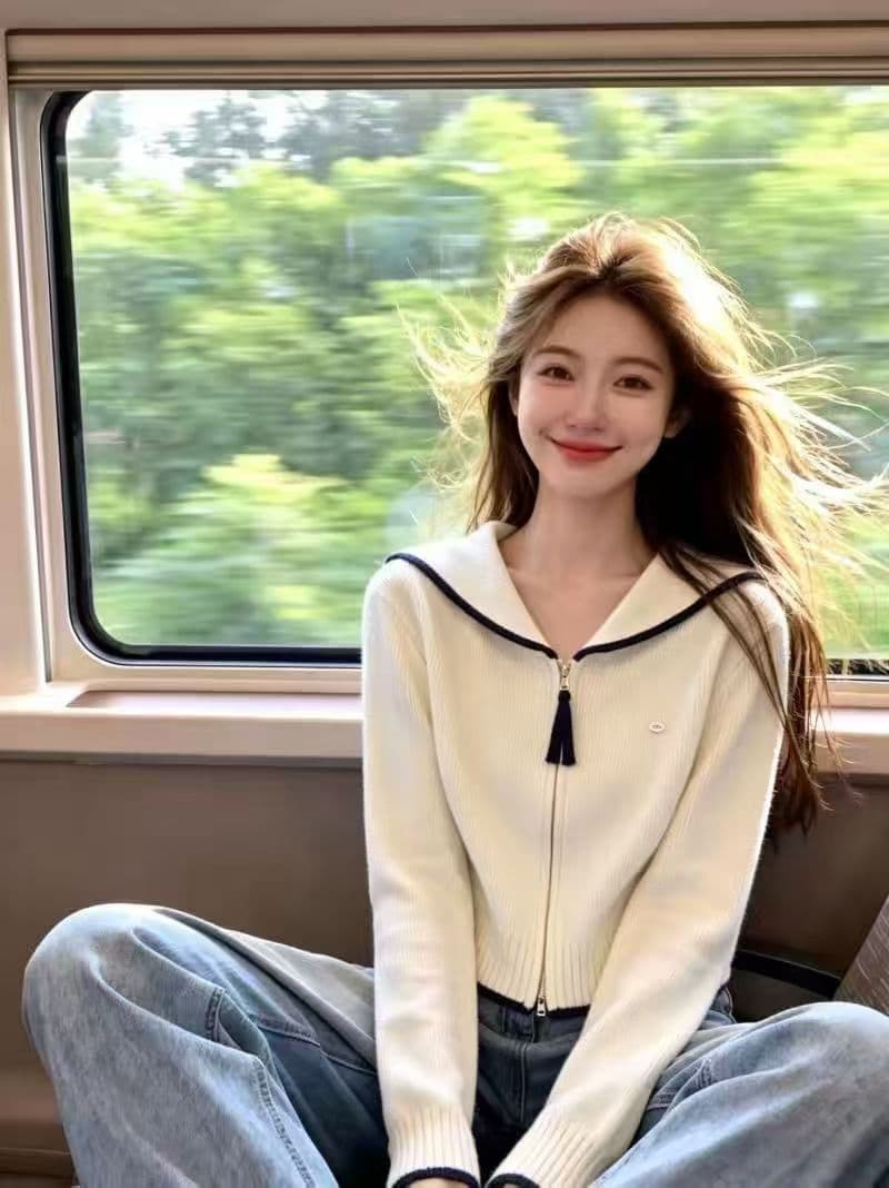 보존 섹션 추천 한 부서 해군 칼라 지퍼 긴팔 니트 오픈 가디건 여성 가을 겨울 새로운 슬림해 보이는 연령 감소 재킷