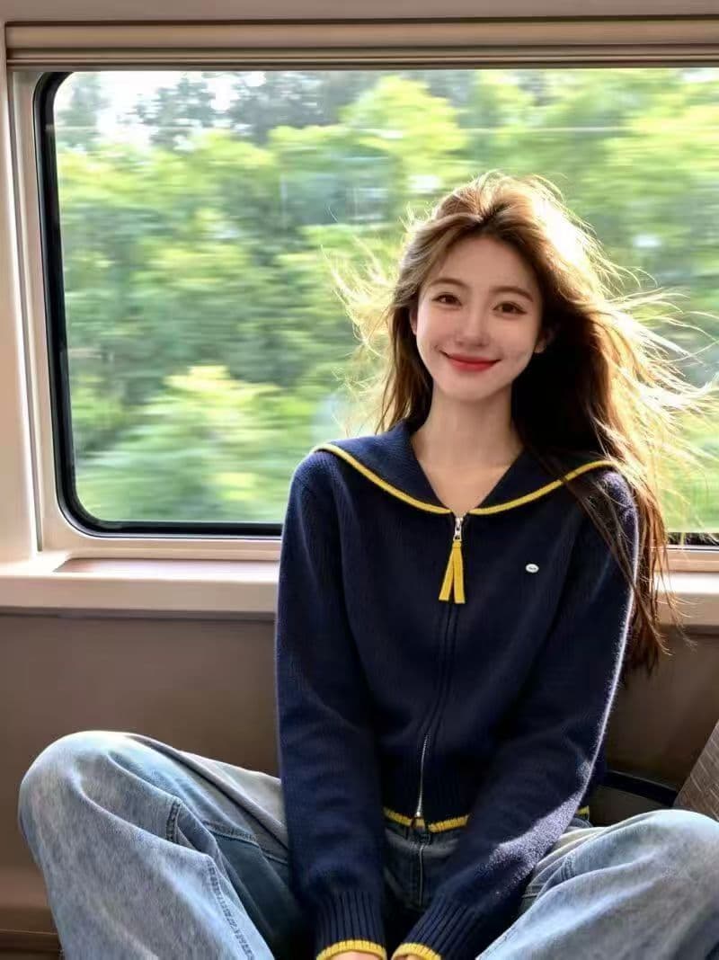 보존 섹션 추천 한 부서 해군 칼라 지퍼 긴팔 니트 오픈 가디건 여성 가을 겨울 새로운 슬림해 보이는 연령 감소 재킷 이미지 2