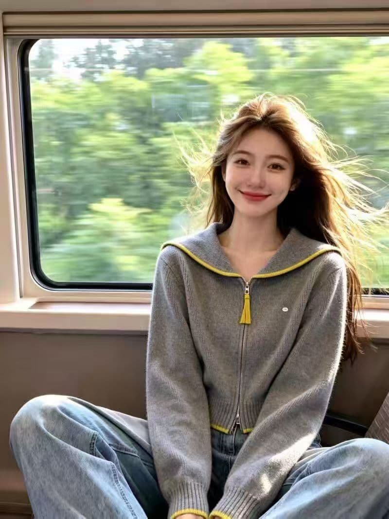 보존 섹션 추천 한 부서 해군 칼라 지퍼 긴팔 니트 오픈 가디건 여성 가을 겨울 새로운 슬림해 보이는 연령 감소 재킷 상세 이미지 3