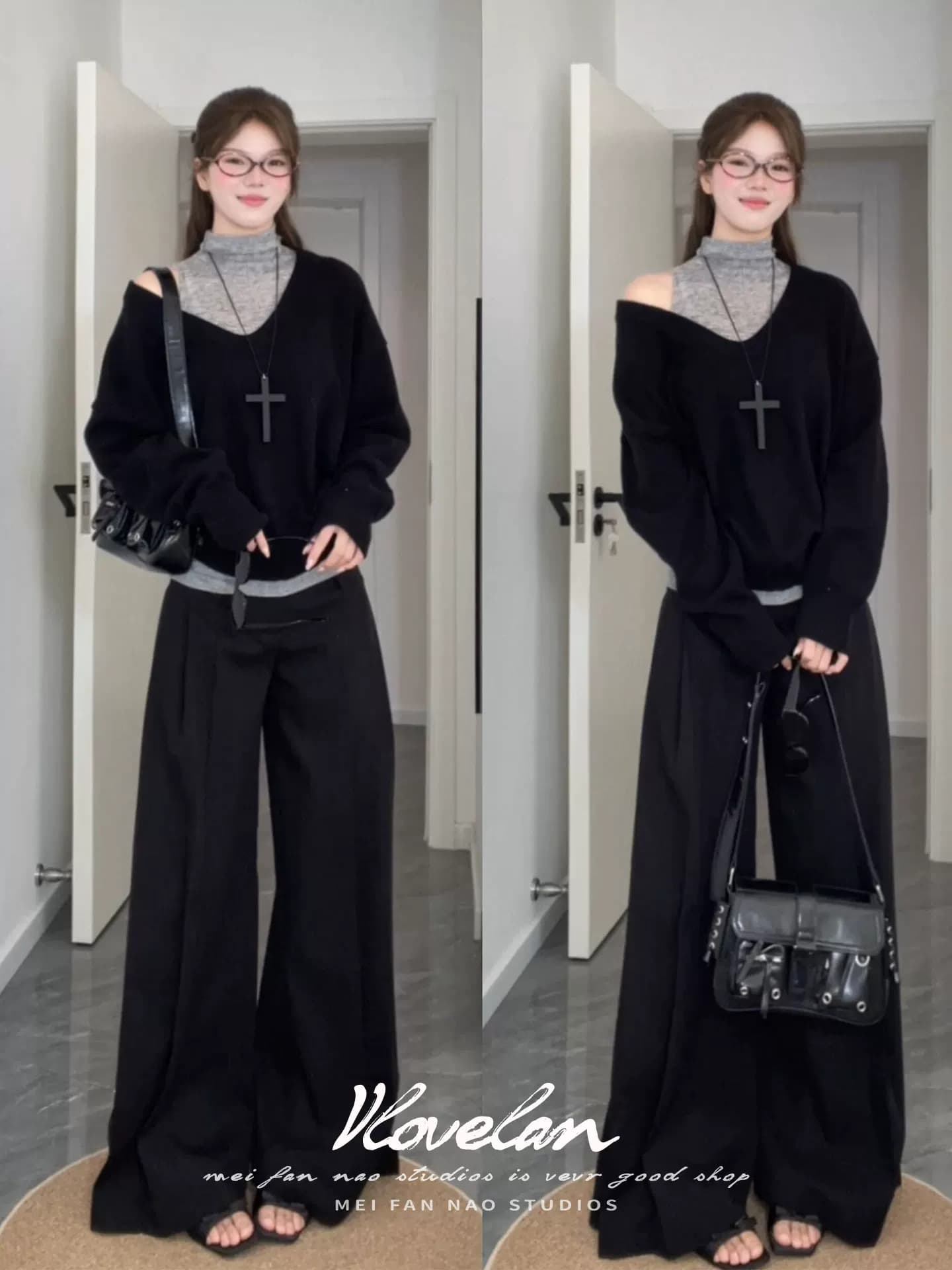 한 부서 품격 검정색 V넥 니트 스웨터 스택 착용 터틀넥 조끼 세트 여성 이른 가을 새로운