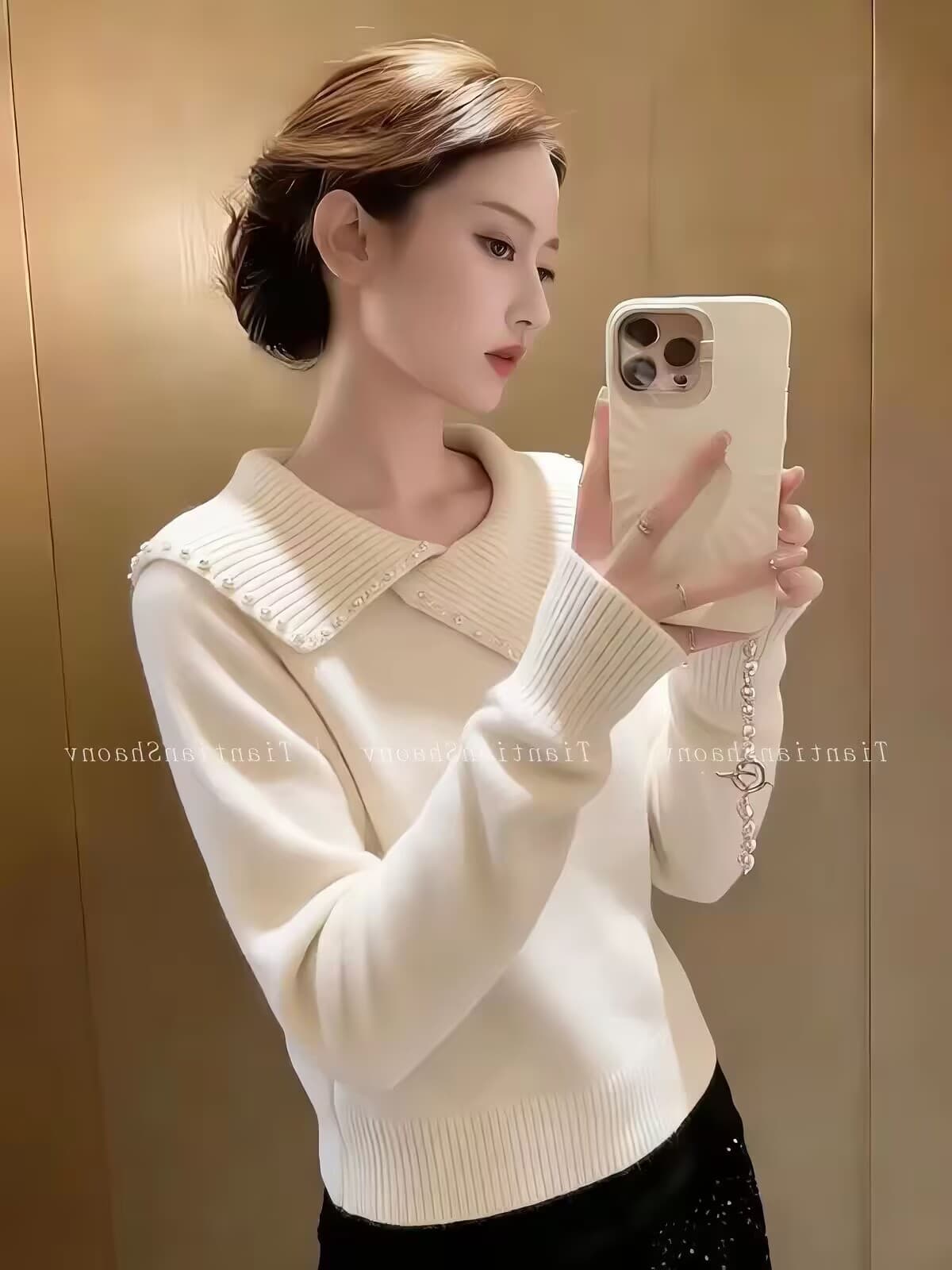 보존 섹션 추천 프랑스식 무거운 작업 비즈 박기 폴로 칼라 니트 스웨터 여성 2026 새로운 와이드 부드러운 찹쌀 품격 스웨터 이미지 2