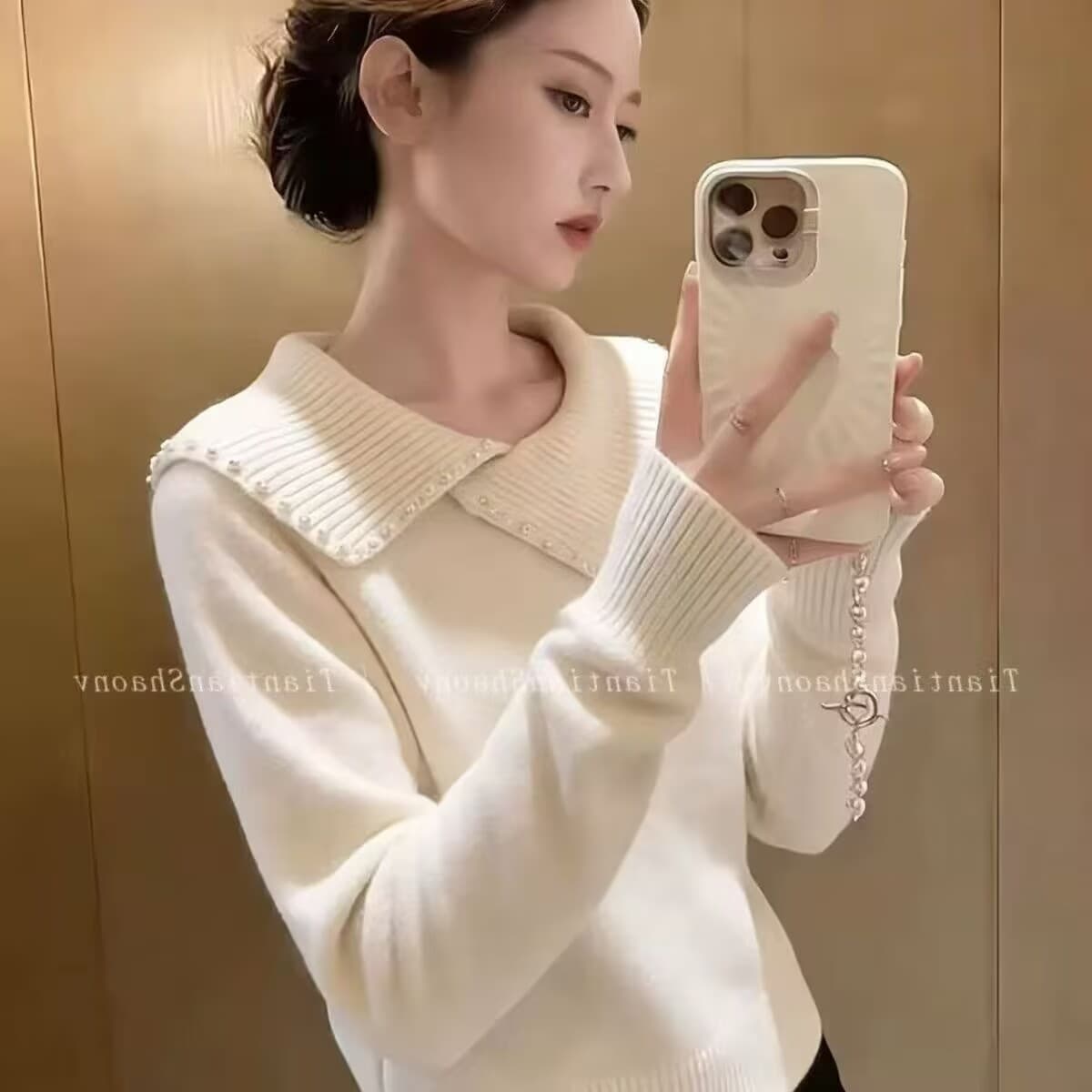 보존 섹션 추천 프랑스식 무거운 작업 비즈 박기 폴로 칼라 니트 스웨터 여성 2026 새로운 와이드 부드러운 찹쌀 품격 스웨터 상세 이미지 4