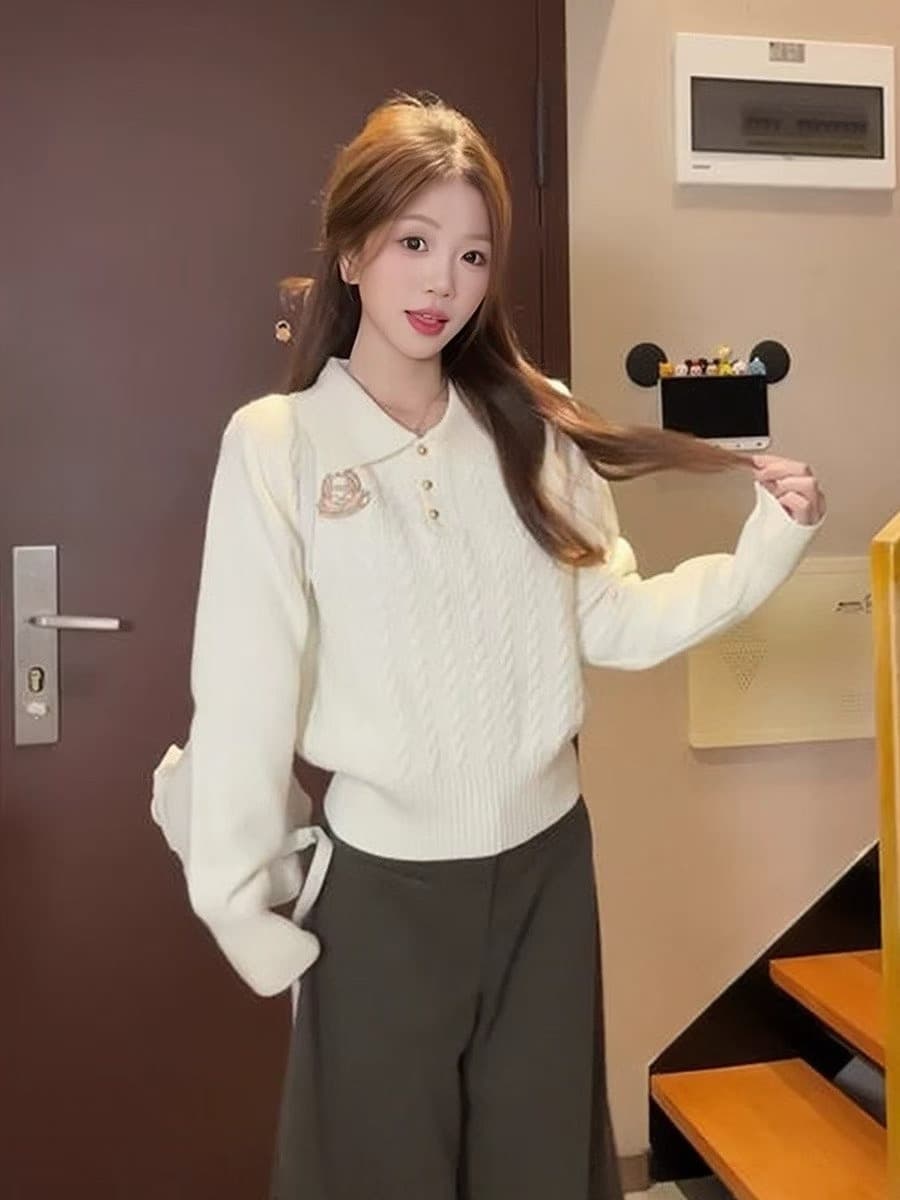 한 부서 학원 스타일 자수 꽈배기 폴로 칼라 니트 스웨터 여성 가을 겨울 몸매 가꾸기 느긋한 고급 센스 인사이드 가져 가라. 만나는 맨위 이미지 2