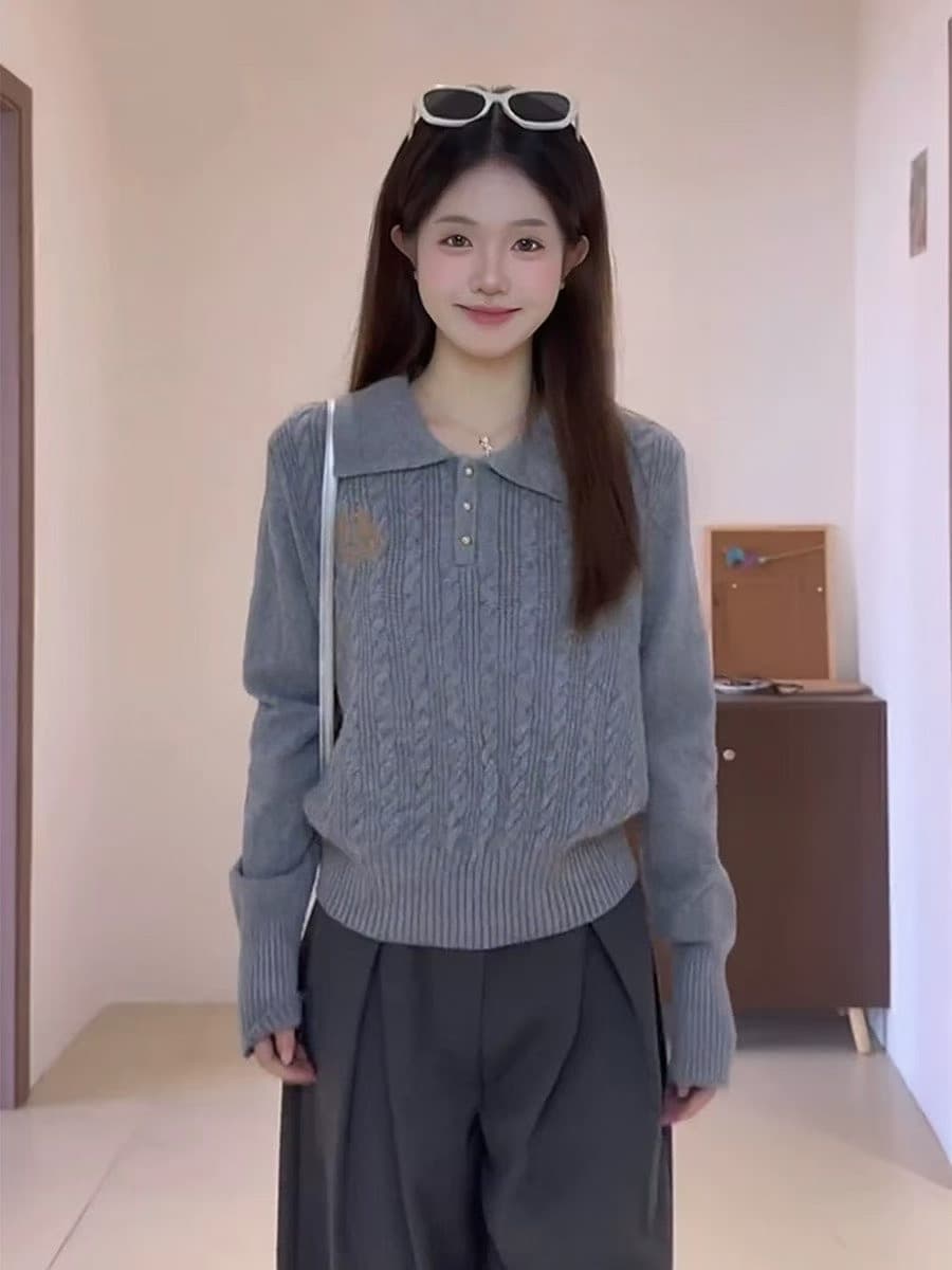 한 부서 학원 스타일 자수 꽈배기 폴로 칼라 니트 스웨터 여성 가을 겨울 몸매 가꾸기 느긋한 고급 센스 인사이드 가져 가라. 만나는 맨위 이미지 3