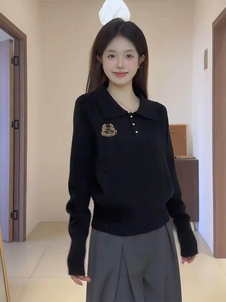 한 부서 학원 스타일 자수 꽈배기 폴로 칼라 니트 스웨터 여성 가을 겨울 몸매 가꾸기 느긋한 고급 센스 인사이드 가져 가라. 만나는 맨위 이미지 4