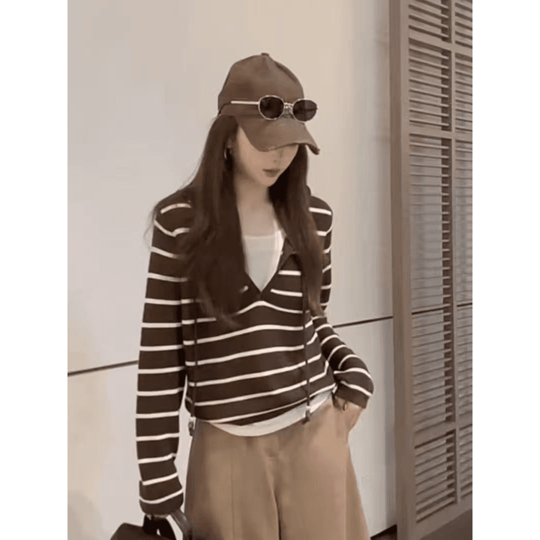 Annan uwsv 새로운 이른 가을 한 부서 작은 대중 루즈핏 캐주얼 여자 모자 셔츠 페이크 레이어드 후드 스트라이프 니트 스웨터 이미지 5
