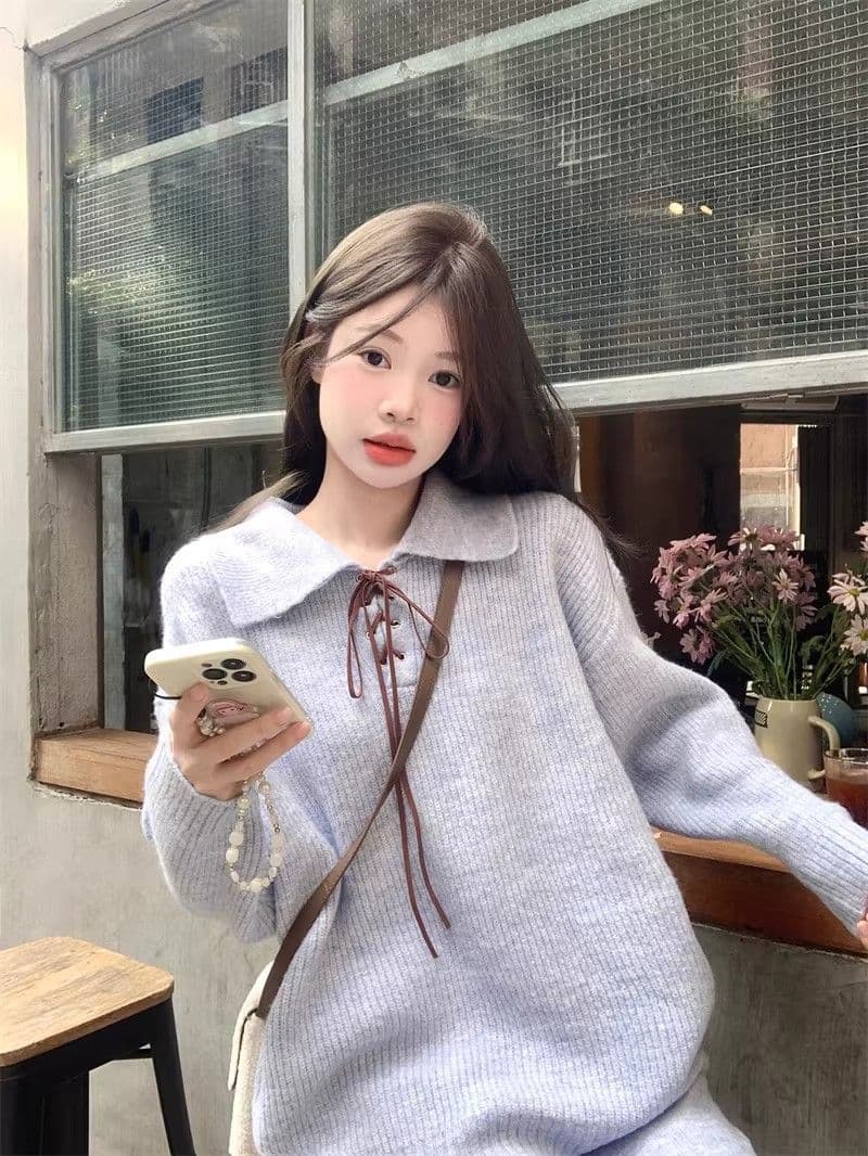 캐주얼 세트 여성 봄 가을 2026 새로운 POLO 셔츠 니트 스웨터 맨위 하이웨이스트 와이드 레그 팬츠 어린이 패션 다용도 상세 이미지 3