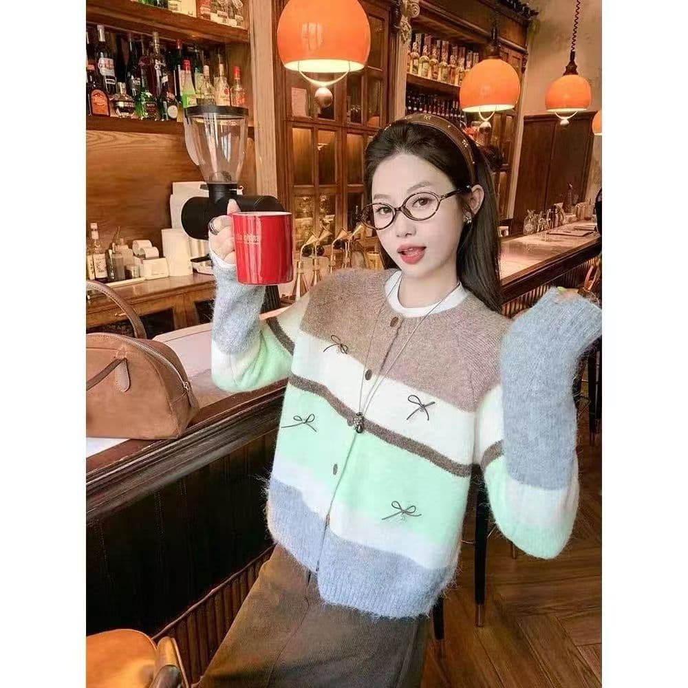 한 번 작은 짭짤한 한 부서 배색 스트라이프 스웨터 오픈 가디건 여성 가을 겨울철 루즈핏 느긋한 니트 재킷 맨위 두꺼운 이미지 5