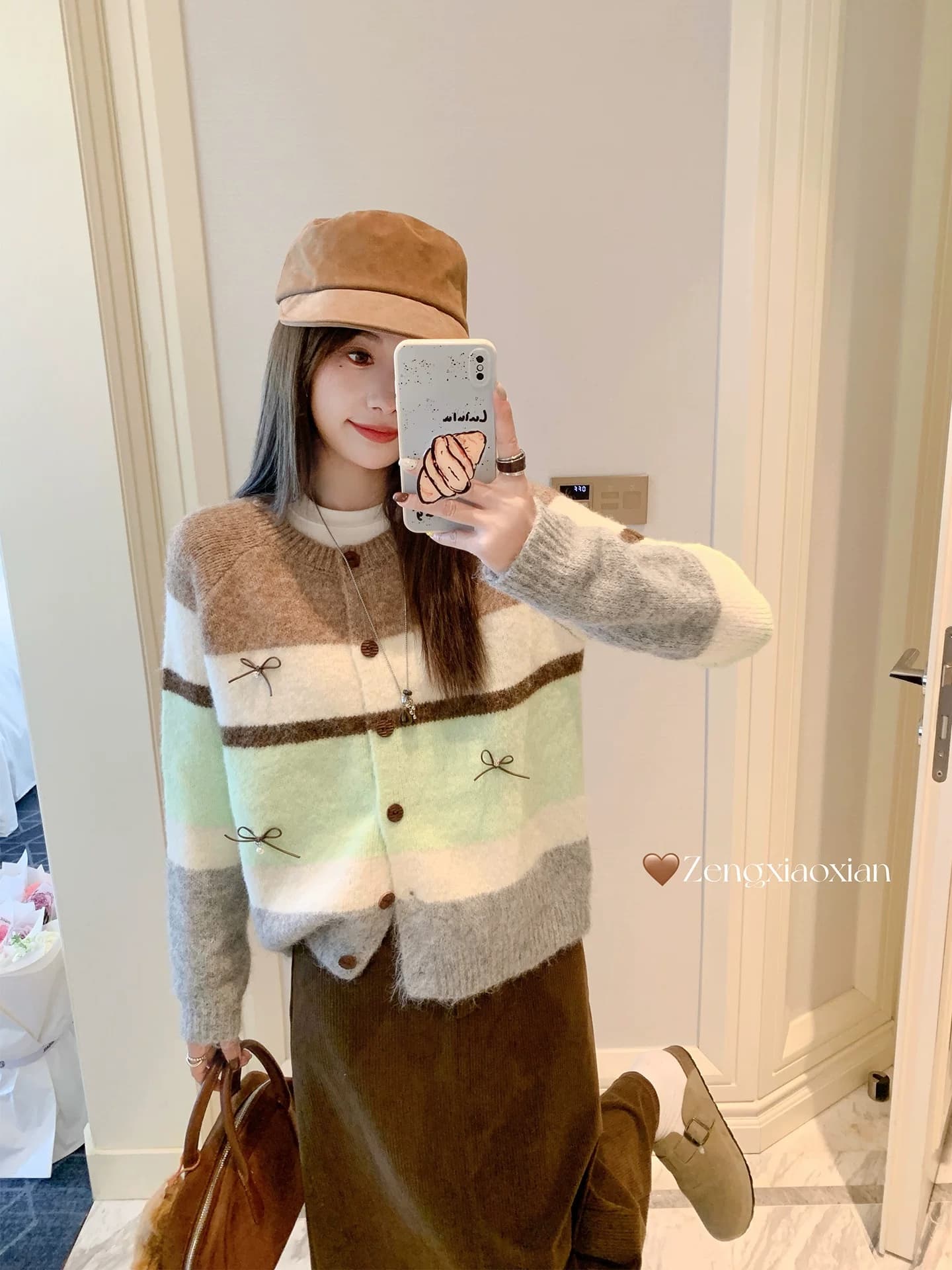 한 번 작은 짭짤한 한 부서 배색 스트라이프 스웨터 오픈 가디건 여성 가을 겨울철 루즈핏 느긋한 니트 재킷 맨위 두꺼운 상세 이미지 2