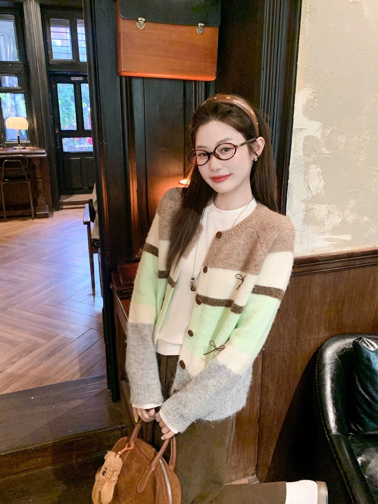 한 번 작은 짭짤한 한 부서 배색 스트라이프 스웨터 오픈 가디건 여성 가을 겨울철 루즈핏 느긋한 니트 재킷 맨위 두꺼운 상세 이미지 3
