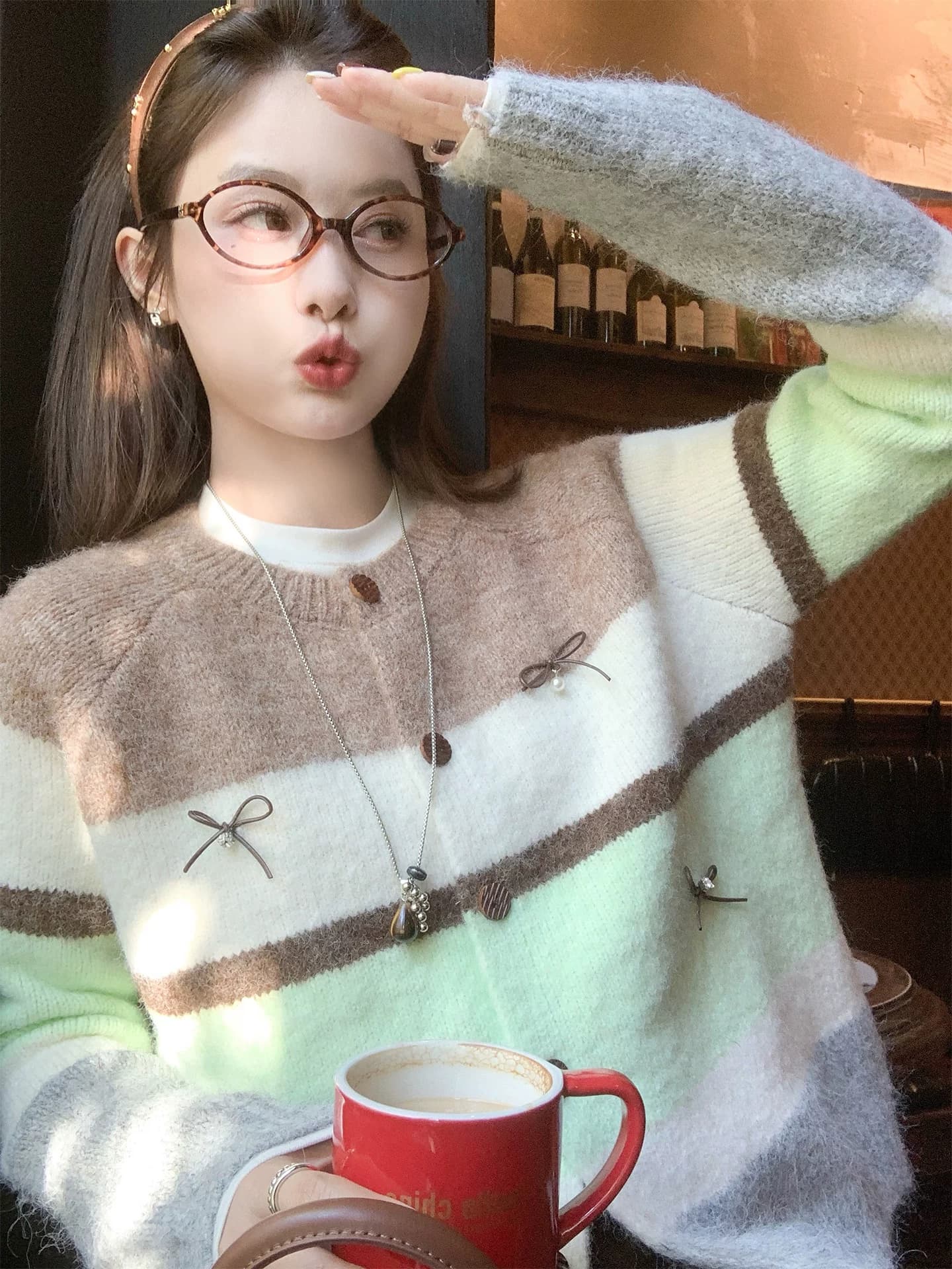 한 번 작은 짭짤한 한 부서 배색 스트라이프 스웨터 오픈 가디건 여성 가을 겨울철 루즈핏 느긋한 니트 재킷 맨위 두꺼운 상세 이미지 4