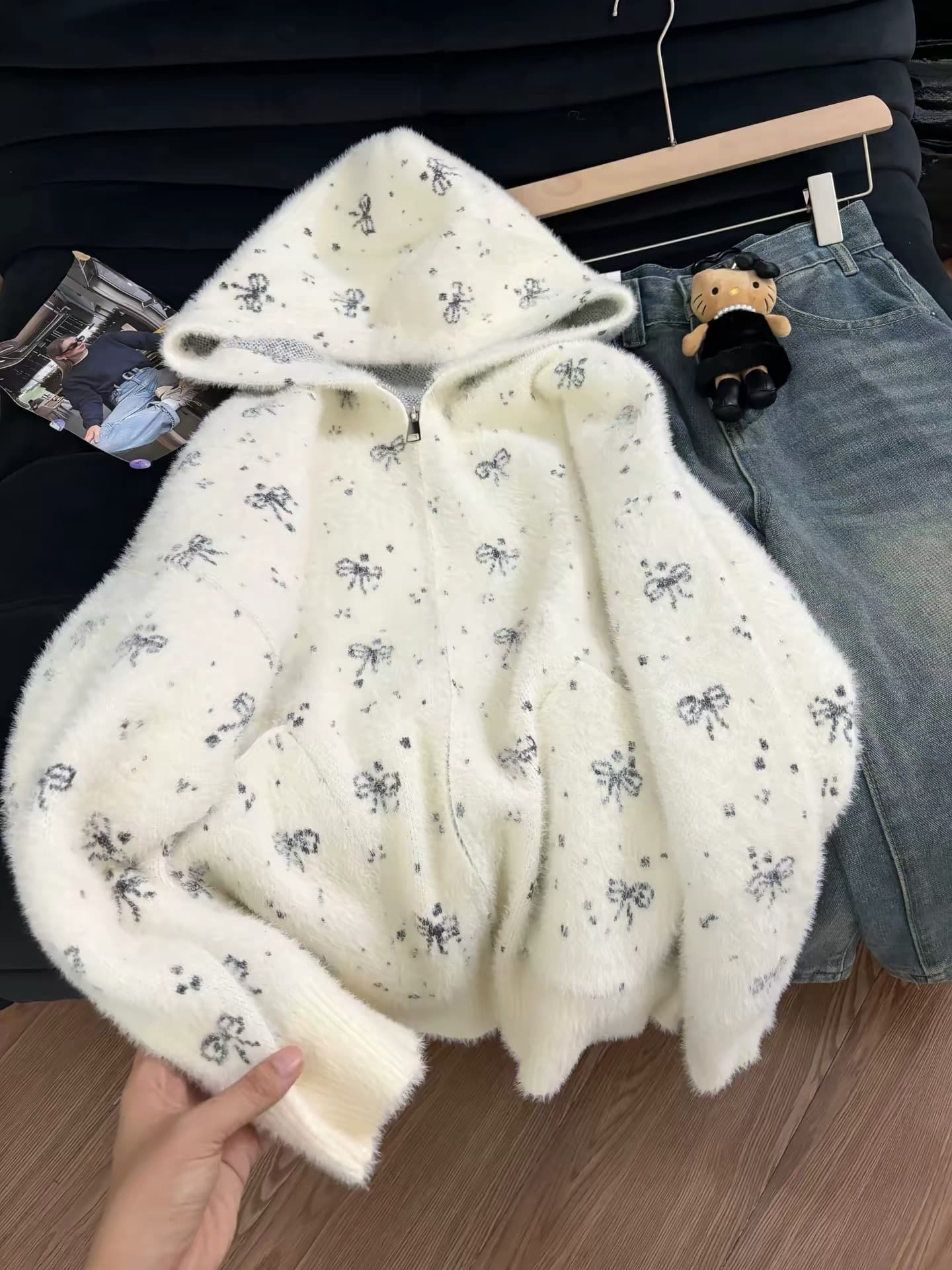 한 부서 느긋한 바람 전체 인쇄 나비 매듭 스웨터 지퍼 여성 코트 가을 두꺼운 루즈핏 캐주얼 니트 맨위 트렌디 상세 이미지 4