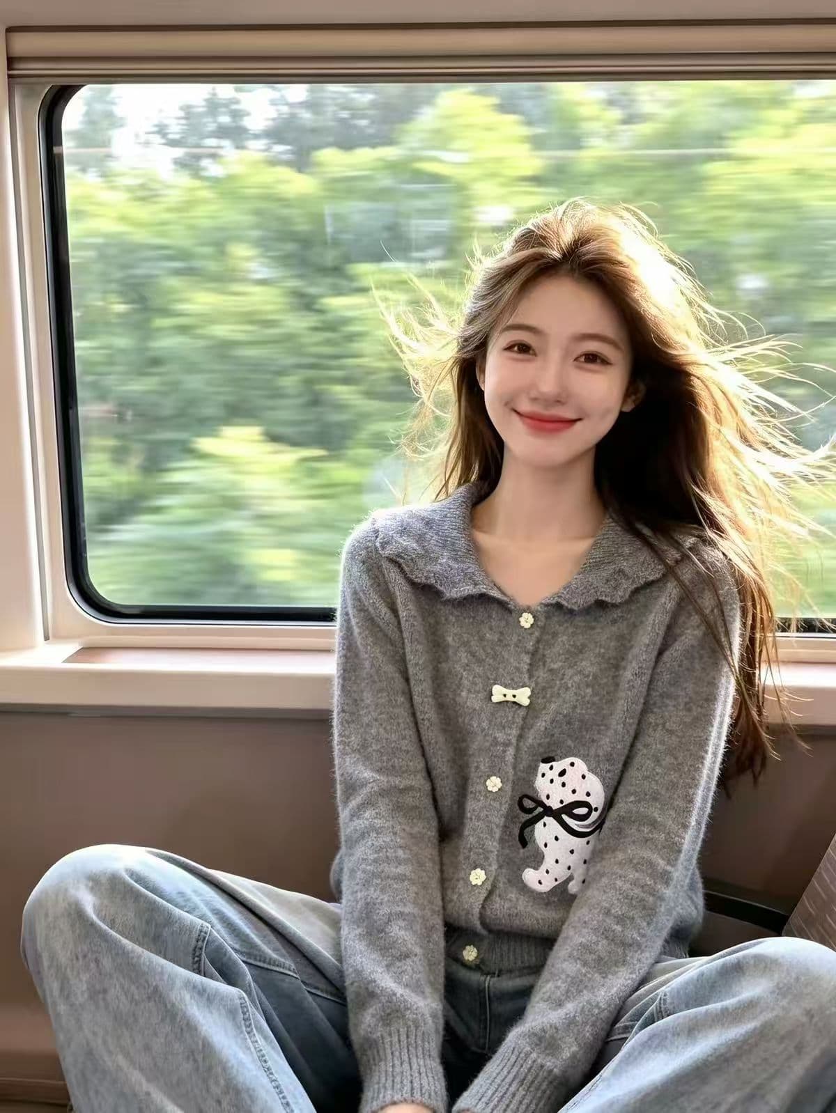 보존 섹션 추천 만화 강아지 베이비 칼라 긴팔 니트 오픈 가디건 여성 가을 겨울 새로운 달콤함 부드러운 찹쌀 스웨터 상세 이미지 1
