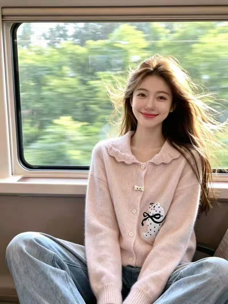 보존 섹션 추천 만화 강아지 베이비 칼라 긴팔 니트 오픈 가디건 여성 가을 겨울 새로운 달콤함 부드러운 찹쌀 스웨터 상세 이미지 2