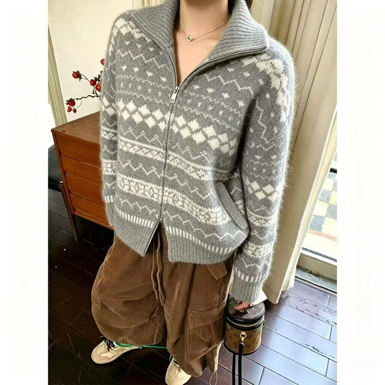 레트로 자카드 디자인 느긋한 바람 긴팔 두꺼운 오픈 가디건 폴로 칼라 두꺼운 스웨터 코트 상세 이미지 3