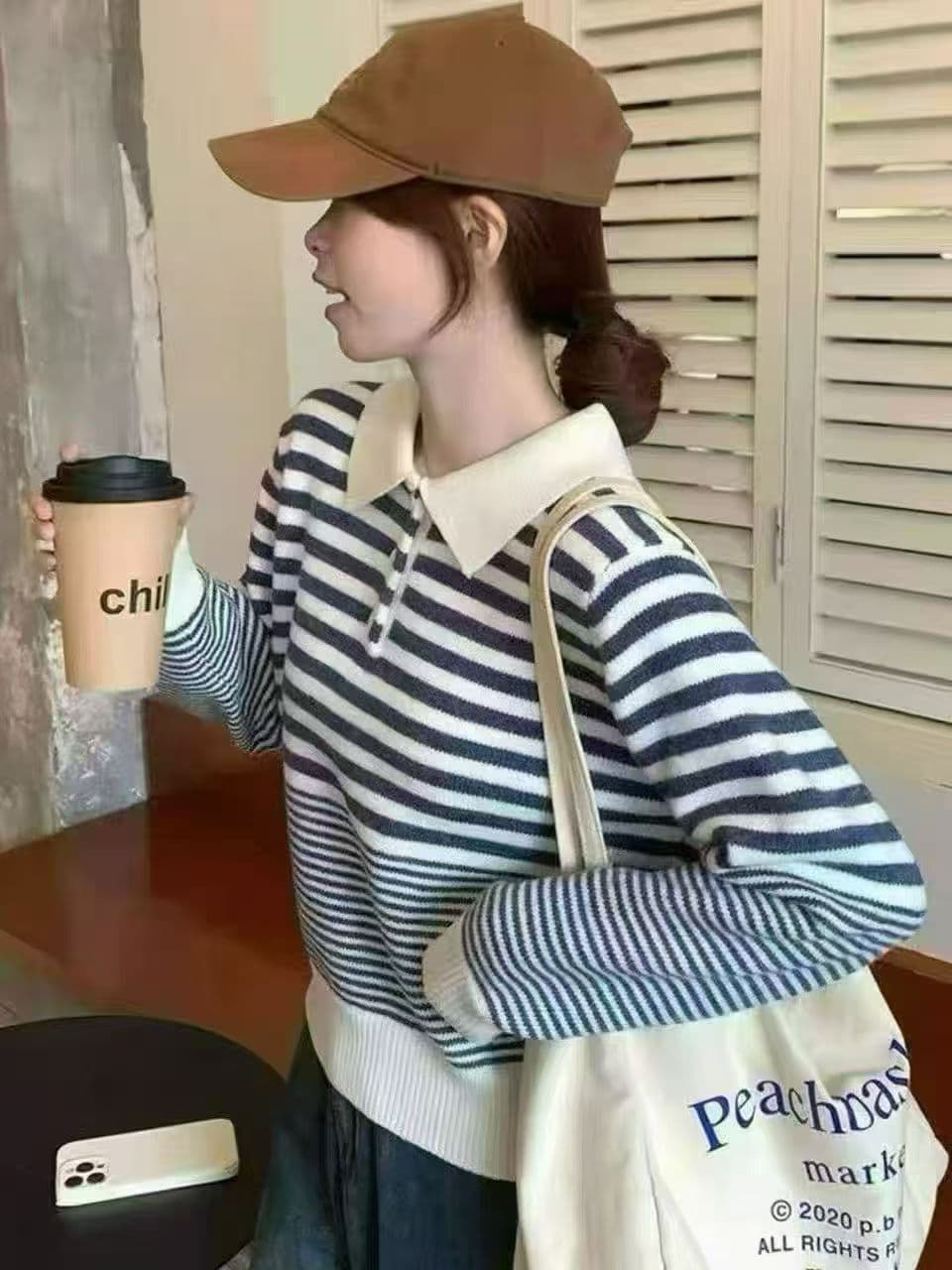 한 부서 분위기 센스 착용 가져 가라. 스트라이프 POLO 칼라 니트 스웨터 여성 가을 루즈핏 느긋한 고급 센스 작은 키 맨위