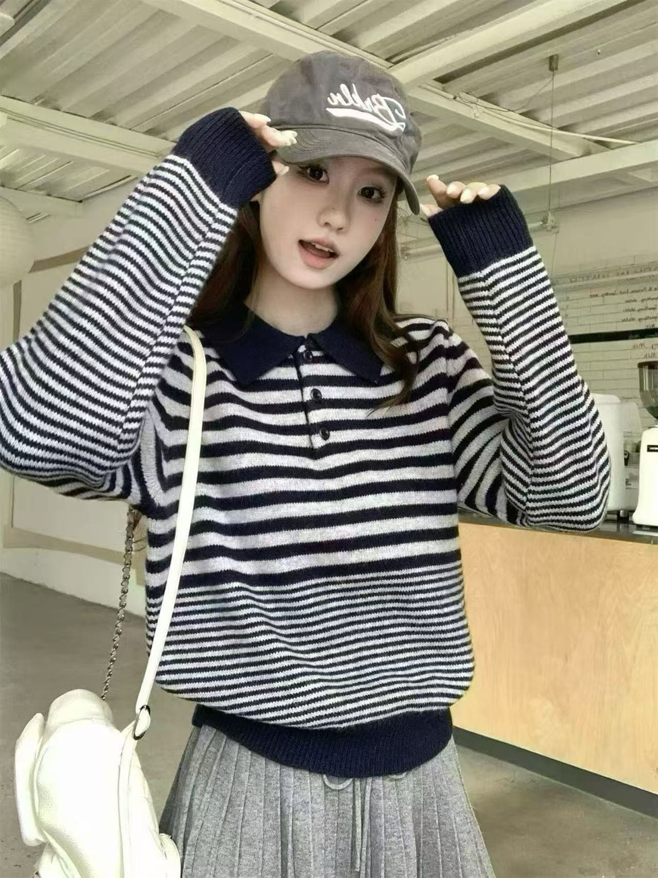 한 부서 분위기 센스 착용 가져 가라. 스트라이프 POLO 칼라 니트 스웨터 여성 가을 루즈핏 느긋한 고급 센스 작은 키 맨위 상세 이미지 1