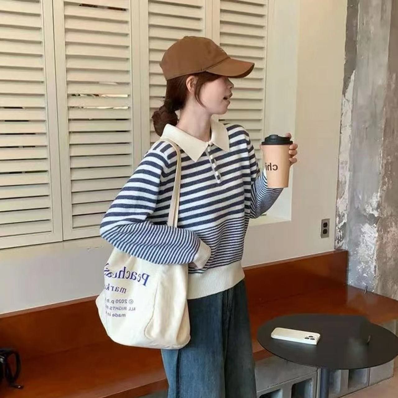 한 부서 분위기 센스 착용 가져 가라. 스트라이프 POLO 칼라 니트 스웨터 여성 가을 루즈핏 느긋한 고급 센스 작은 키 맨위 상세 이미지 3