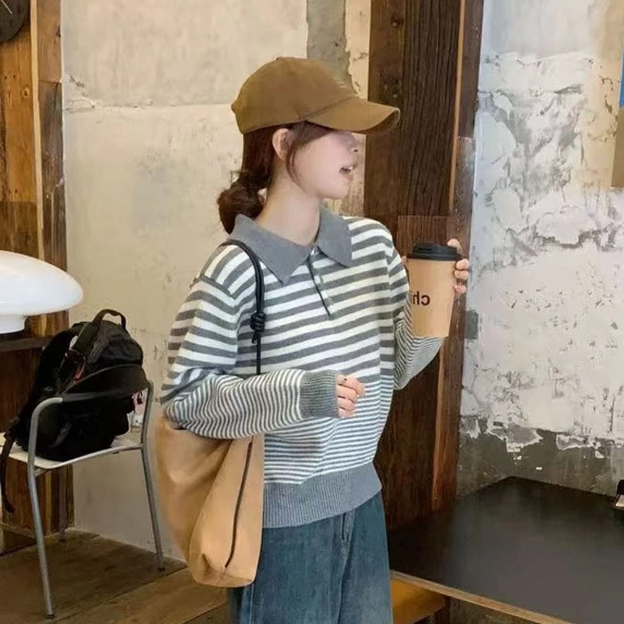 한 부서 분위기 센스 착용 가져 가라. 스트라이프 POLO 칼라 니트 스웨터 여성 가을 루즈핏 느긋한 고급 센스 작은 키 맨위 상세 이미지 4