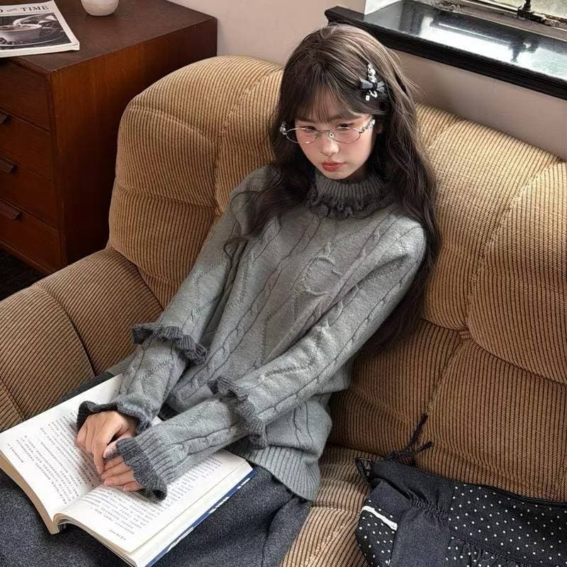 숲속 소녀 종족 회색 고급 센스 스택 착용 인사이드 가져 가라. 기본 셔츠 여성 새로운 디자인 센스 레이스 루즈핏 스웨터 겨울 이미지 2