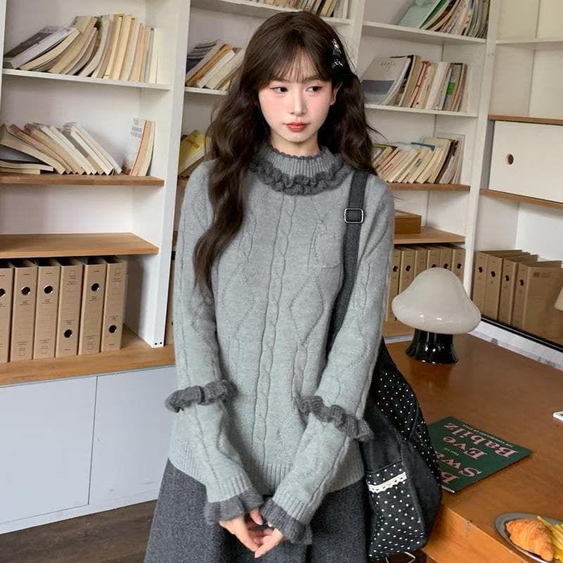 숲속 소녀 종족 회색 고급 센스 스택 착용 인사이드 가져 가라. 기본 셔츠 여성 새로운 디자인 센스 레이스 루즈핏 스웨터 겨울 이미지 3