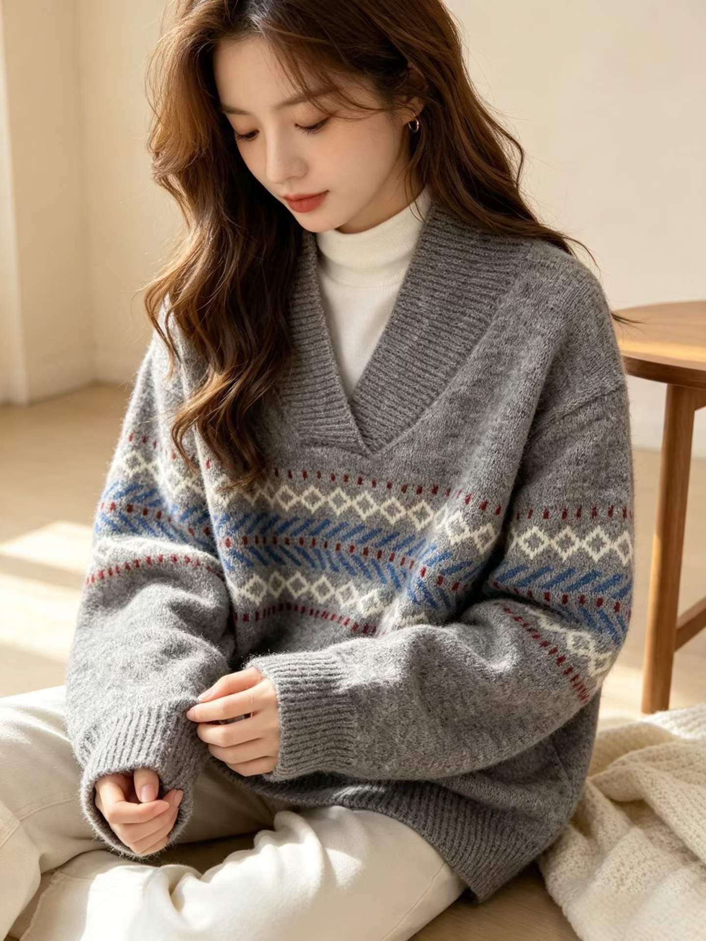 2026 새로운 레트로 V넥 풀오버 털 셔츠 니트 긴 소매 스웨터 여자 겨울 새로운 루즈핏 슬림해 보이는