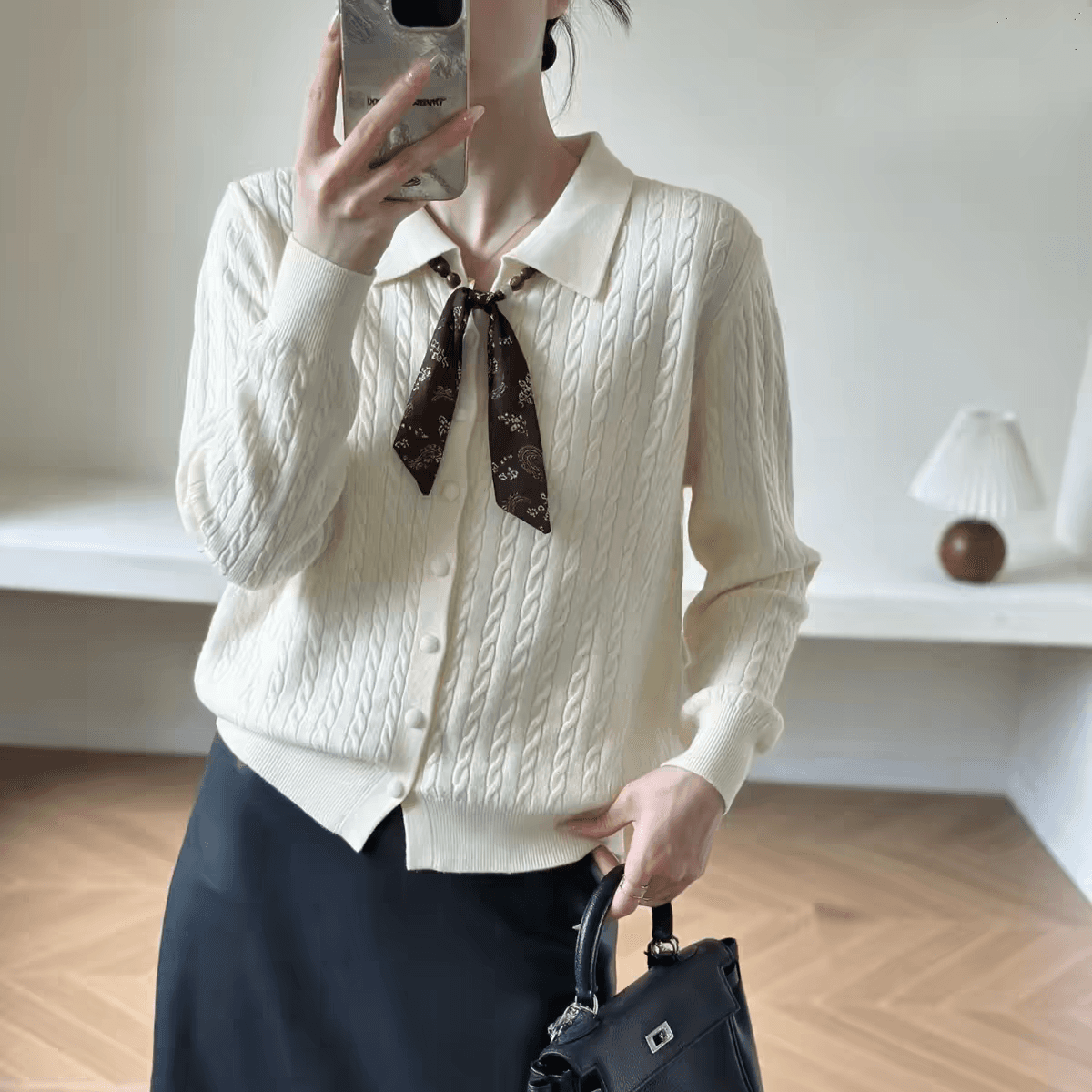 한 부서 polo 폴로 칼라 스카프 장식 꽈배기 니트 오픈 가디건 여성 이른 가을 긴팔 다용도 외국 가스 고급 센스 스웨터