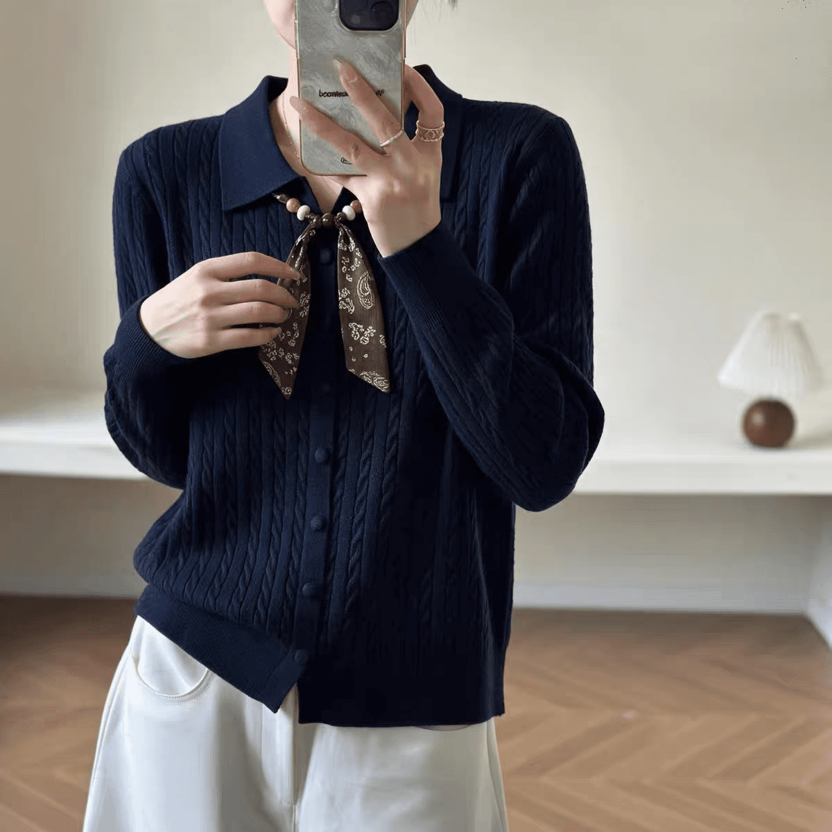 한 부서 polo 폴로 칼라 스카프 장식 꽈배기 니트 오픈 가디건 여성 이른 가을 긴팔 다용도 외국 가스 고급 센스 스웨터 이미지 3