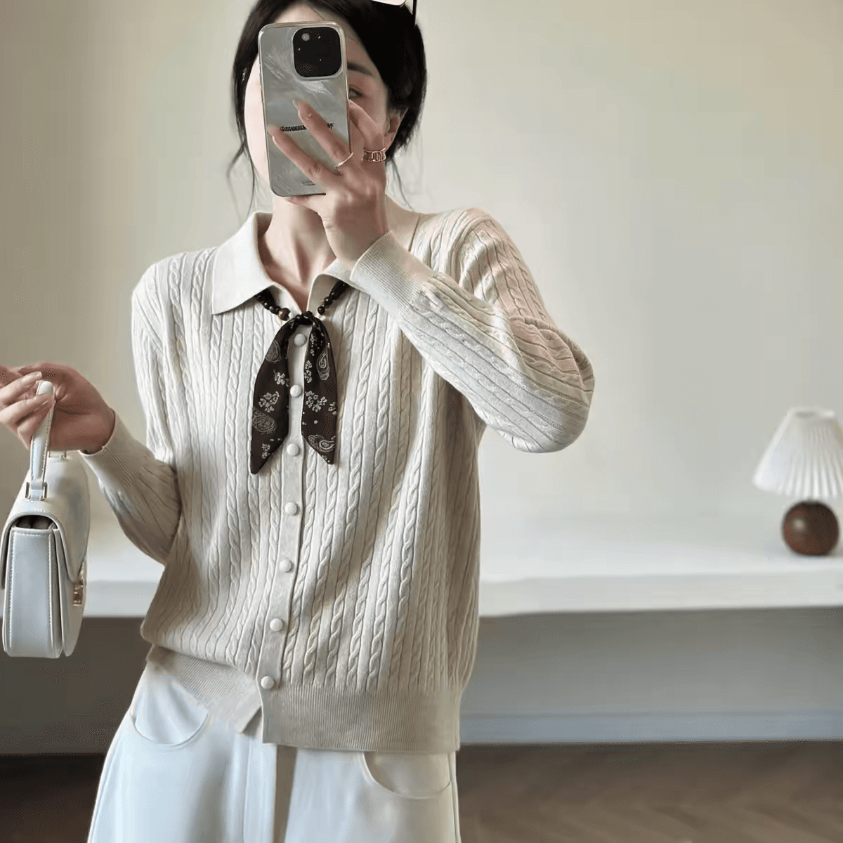 한 부서 polo 폴로 칼라 스카프 장식 꽈배기 니트 오픈 가디건 여성 이른 가을 긴팔 다용도 외국 가스 고급 센스 스웨터 이미지 5