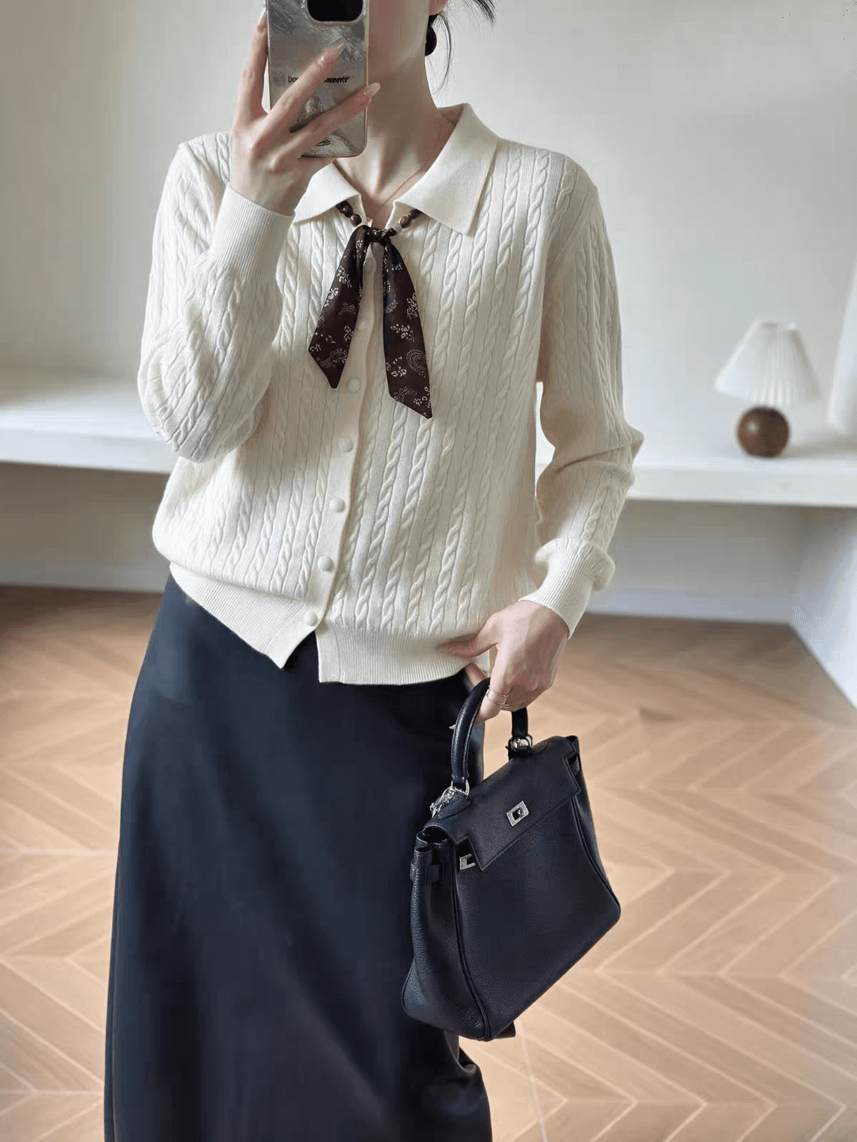 한 부서 polo 폴로 칼라 스카프 장식 꽈배기 니트 오픈 가디건 여성 이른 가을 긴팔 다용도 외국 가스 고급 센스 스웨터 상세 이미지 1