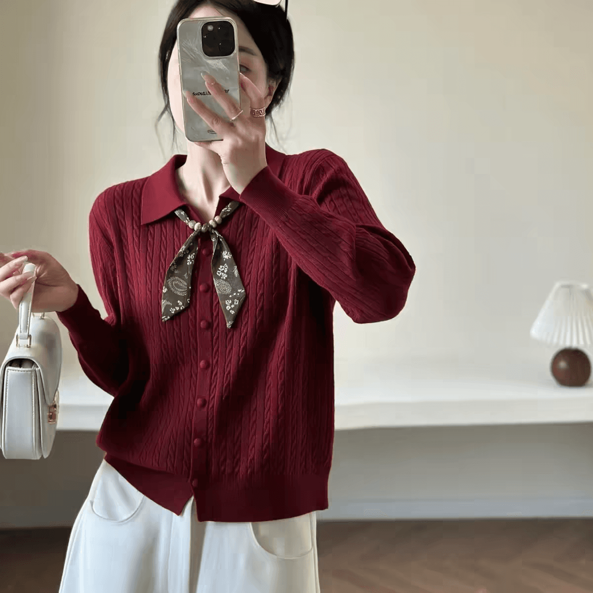 한 부서 polo 폴로 칼라 스카프 장식 꽈배기 니트 오픈 가디건 여성 이른 가을 긴팔 다용도 외국 가스 고급 센스 스웨터 상세 이미지 5