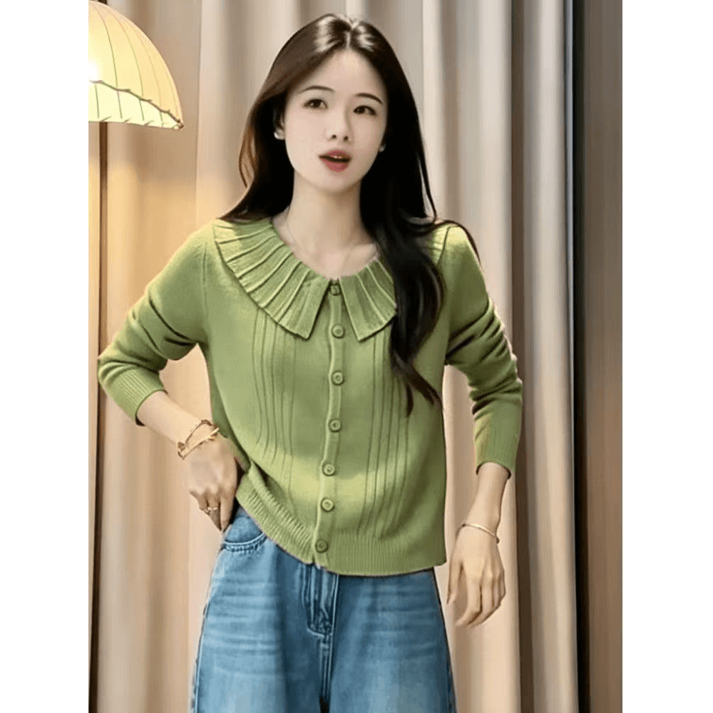 2026 가을 새 옷 한 부서 베이비 칼라 빨간색 니트 오픈 가디건 여성 긴 소매 버튼 품격 연령 감소 스웨터 맨위 이미지 3