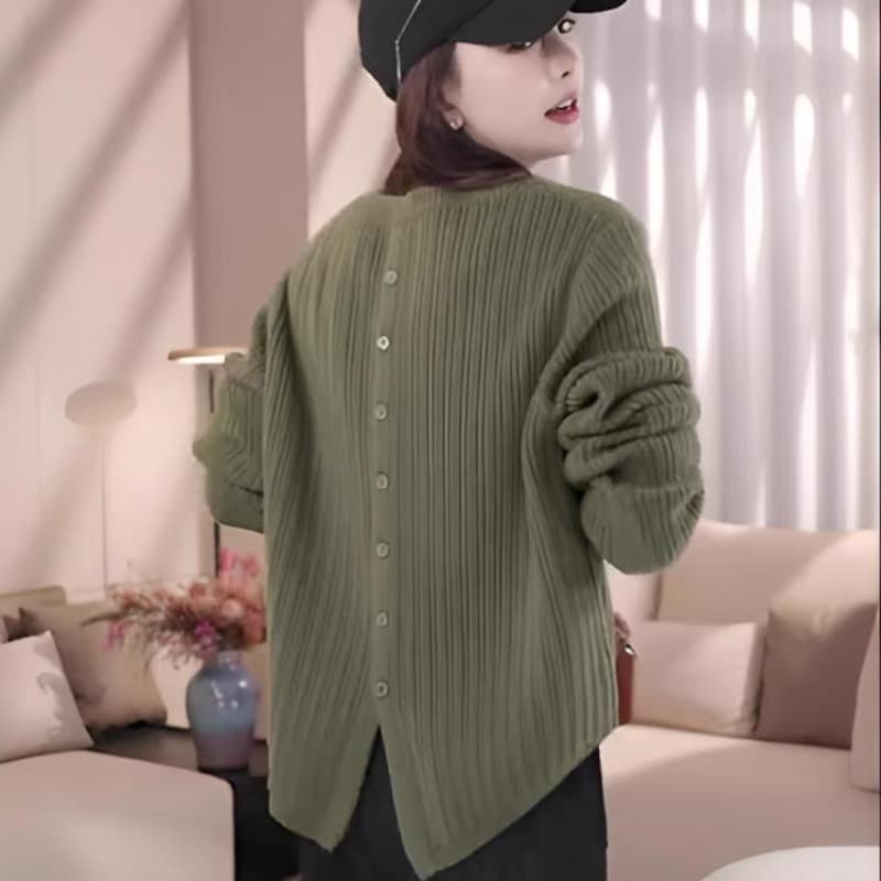 한 부서 레트로 녹색 라운드 넥 풀오버 스웨터 여자 가을 디자인 센스 이후 트임 루즈핏 긴팔 니트 스웨터 맨위 이미지 5