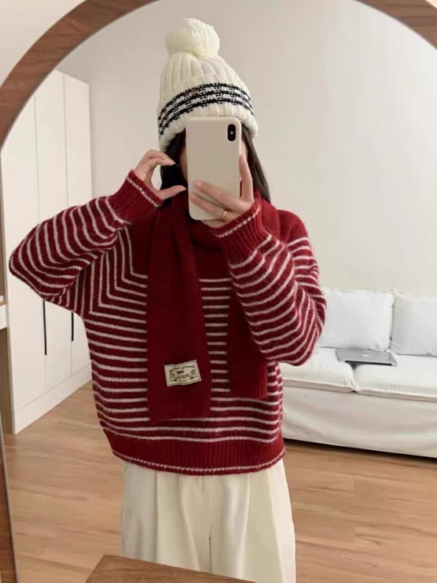 한 부서 스트라이프 풀오버 품격 다용도 루즈핏 분위기 센스 보온 부드러운 찹쌀 스웨터 경기 스카프 만나는 니트 스웨터 트렌디