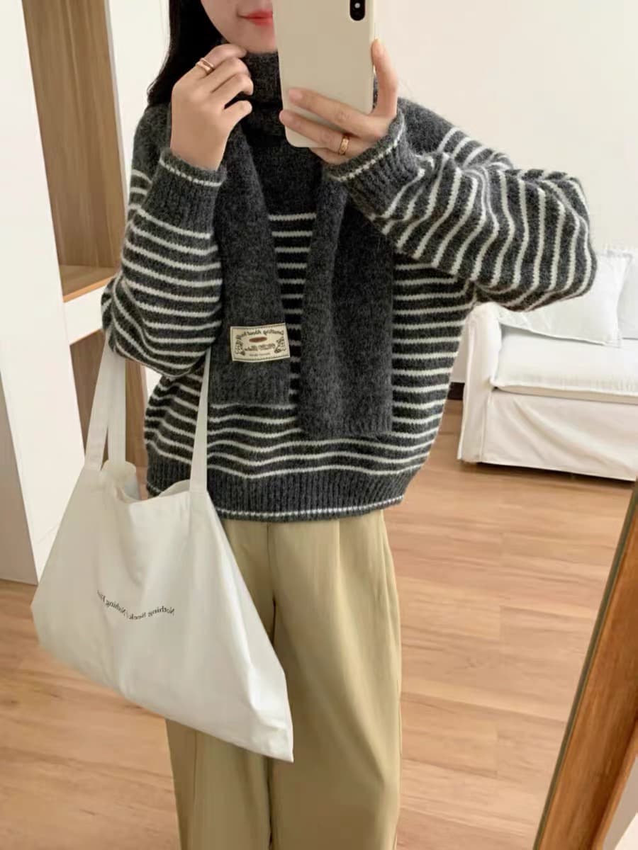 한 부서 스트라이프 풀오버 품격 다용도 루즈핏 분위기 센스 보온 부드러운 찹쌀 스웨터 경기 스카프 만나는 니트 스웨터 트렌디 이미지 4